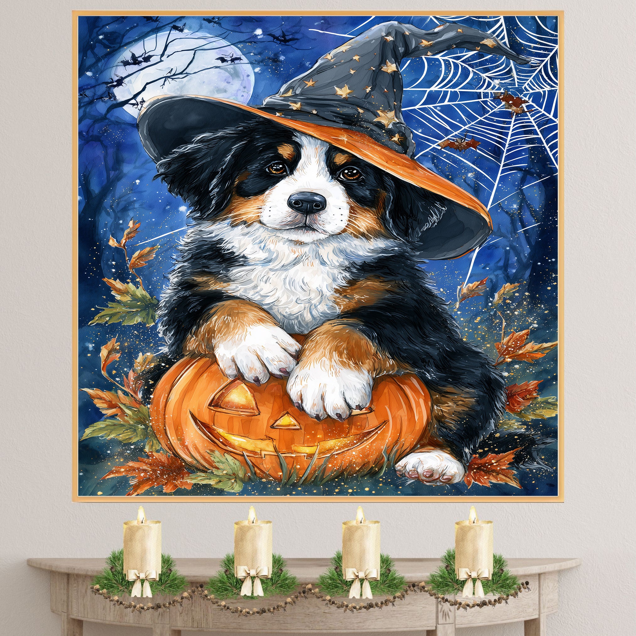 Bernese Mountain Dog Halloween Canvas Cute Witch Puppy with Pumpkin Wall Art for Dog Lovers Bedroom on Ready to Hang 1.5" Thick Canvas Wrap, Floating Framed Canvas, Flat Rolled Canvas
