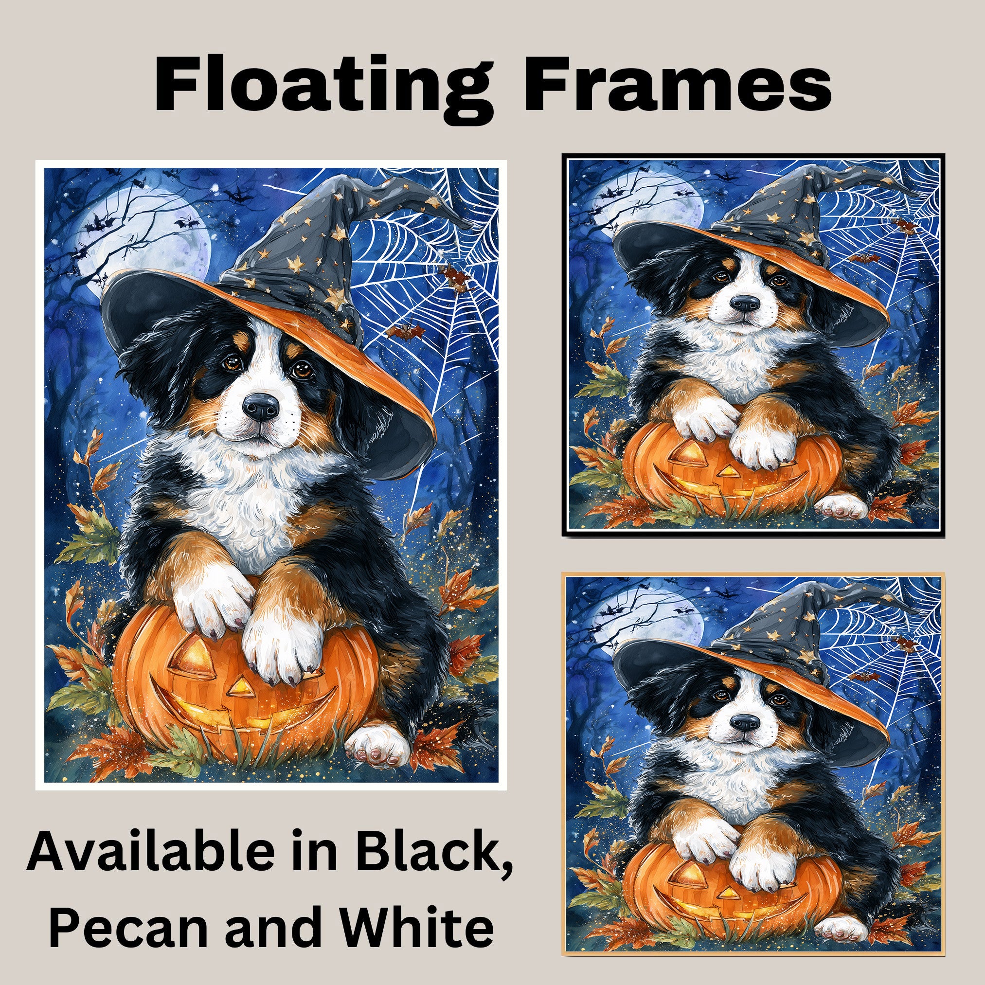 Bernese Mountain Dog Halloween Canvas Cute Witch Puppy with Pumpkin Wall Art for Dog Lovers Bedroom on Ready to Hang 1.5" Thick Canvas Wrap, Floating Framed Canvas, Flat Rolled Canvas