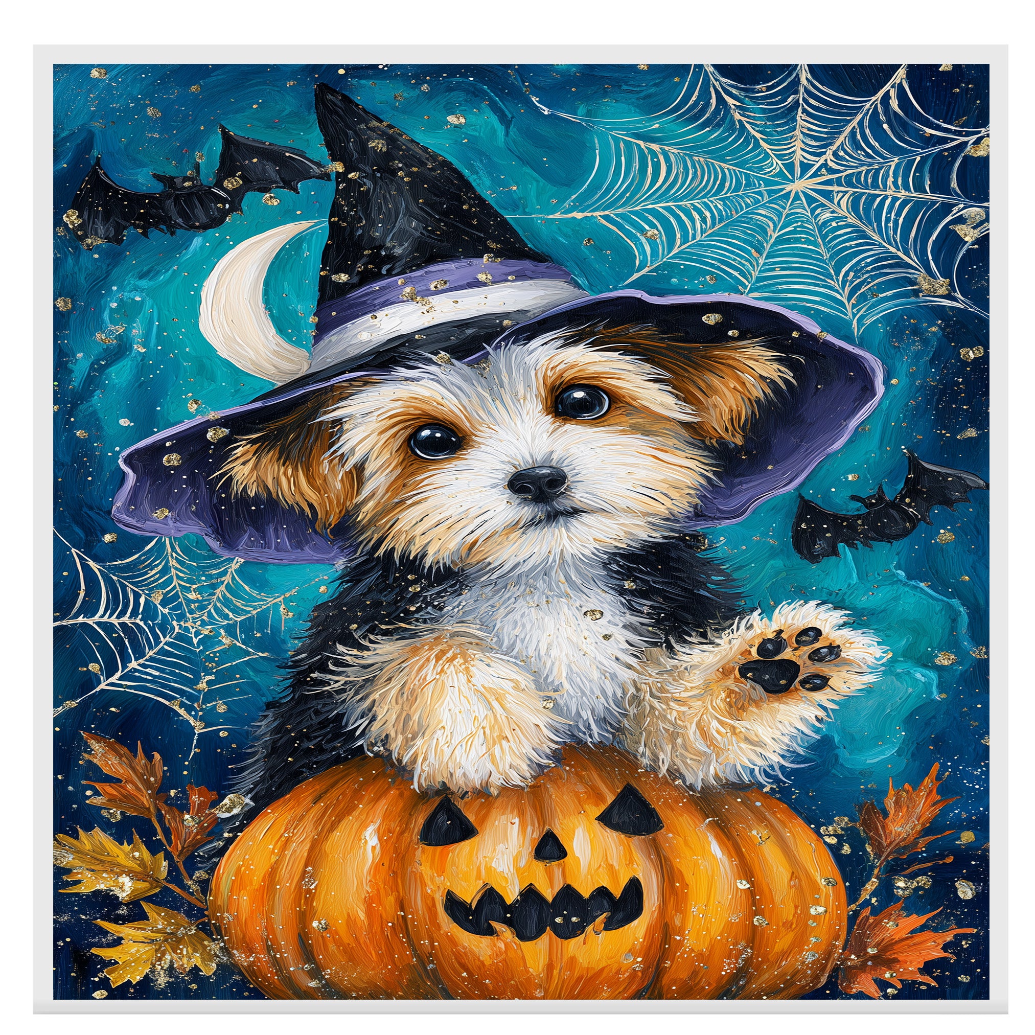 Biewer Terrier Dog Canvas with Pumpkin Dog Art for Seasonal Pet Friendly Thanksgiving Décor for Kids Room  on Ready to Hang 1.5" Thick Canvas Wrap, Floating Framed Canvas, Flat Rolled Canvas