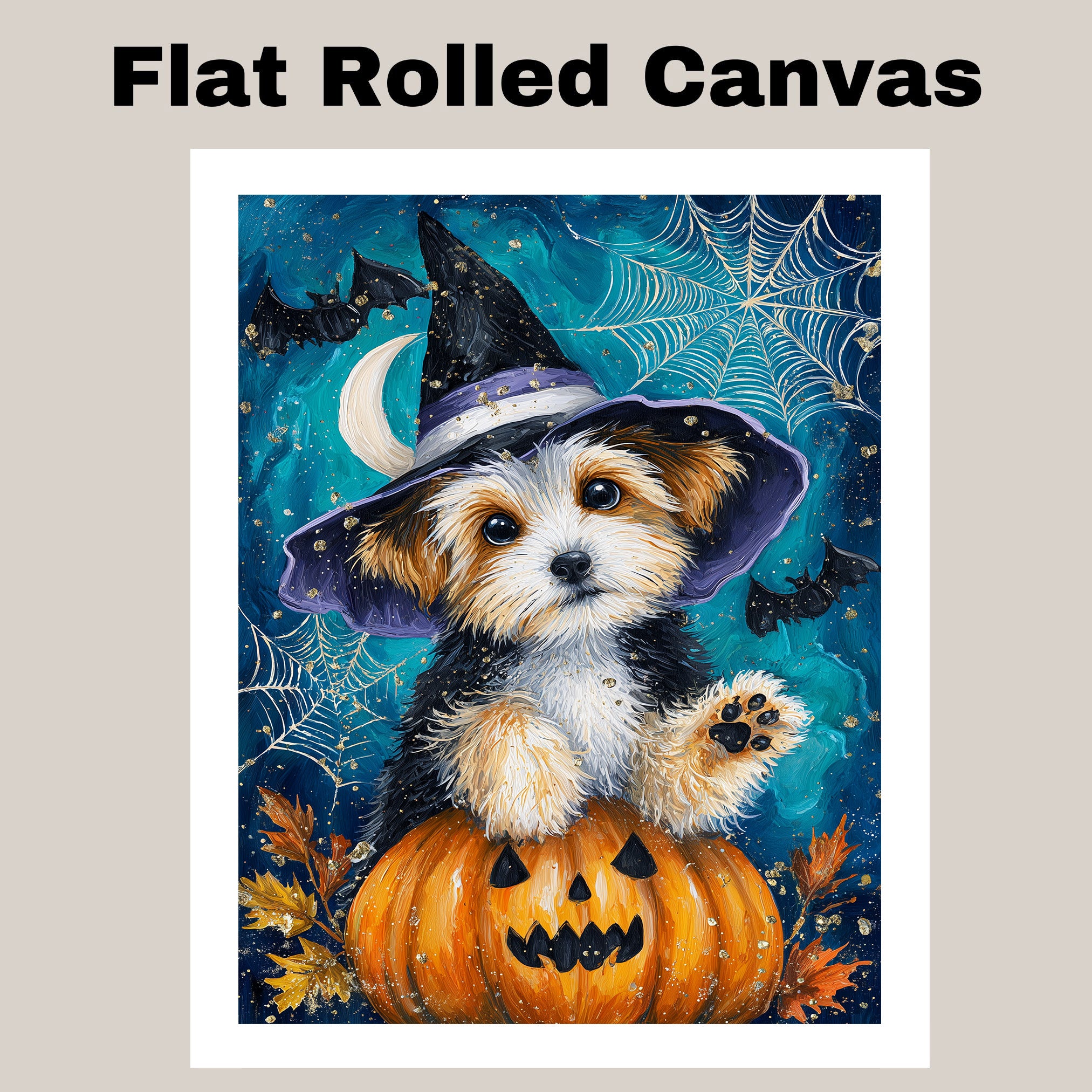 Biewer Terrier Dog Canvas with Pumpkin Dog Art for Seasonal Pet Friendly Thanksgiving Décor for Kids Room  on Ready to Hang 1.5" Thick Canvas Wrap, Floating Framed Canvas, Flat Rolled Canvas
