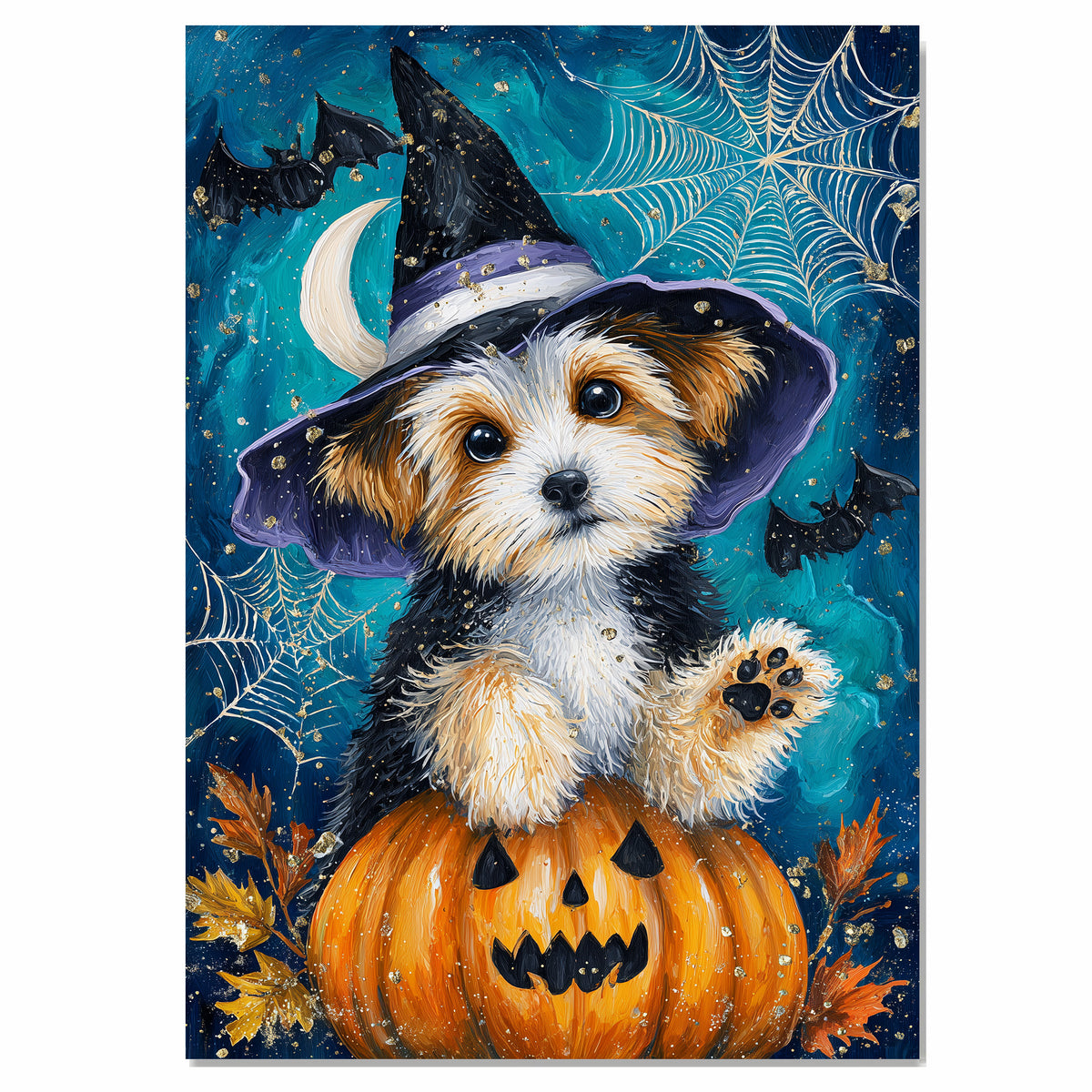 Biewer Terrier Dog Canvas with Pumpkin Dog Art for Seasonal Pet Friendly Thanksgiving Décor for Kids Room  on Ready to Hang 1.5" Thick Canvas Wrap, Floating Framed Canvas, Flat Rolled Canvas