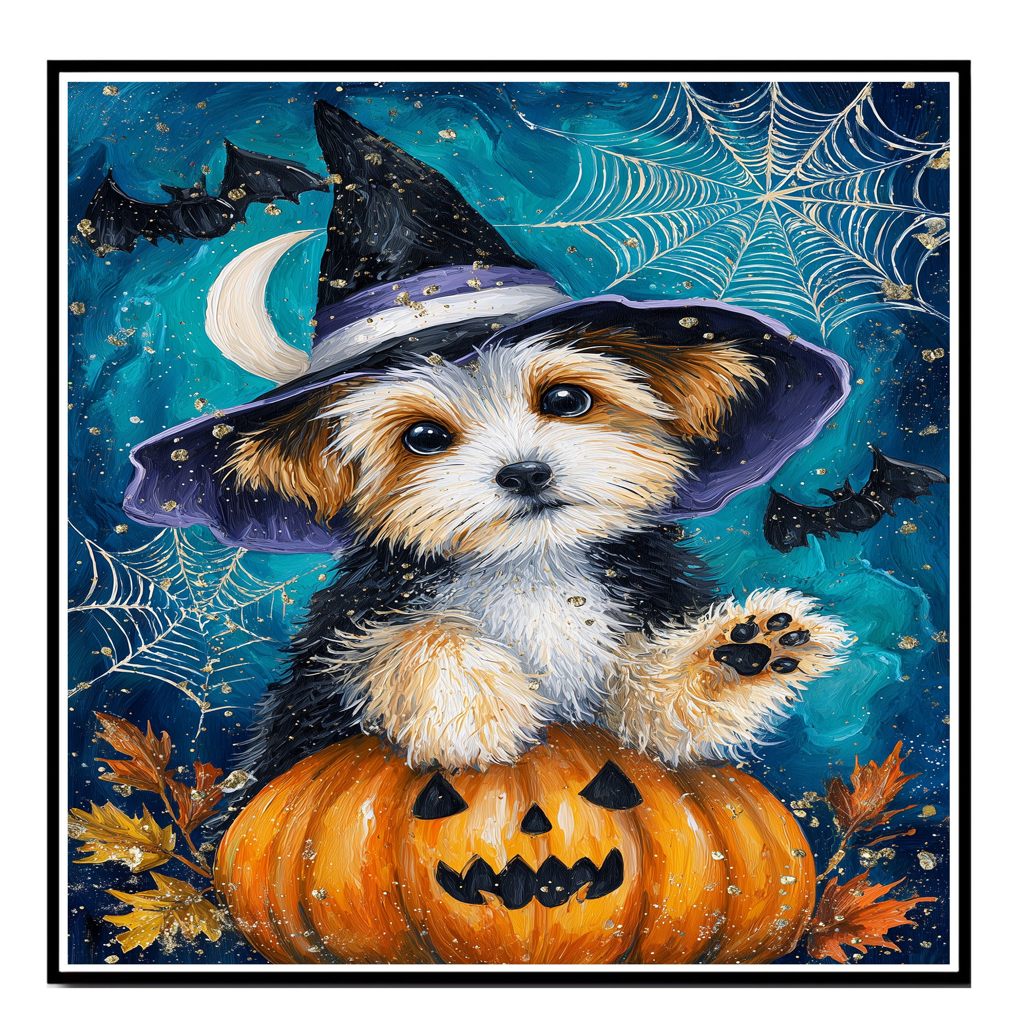Biewer Terrier Dog Canvas with Pumpkin Dog Art for Seasonal Pet Friendly Thanksgiving Décor for Kids Room  on Ready to Hang 1.5" Thick Canvas Wrap, Floating Framed Canvas, Flat Rolled Canvas