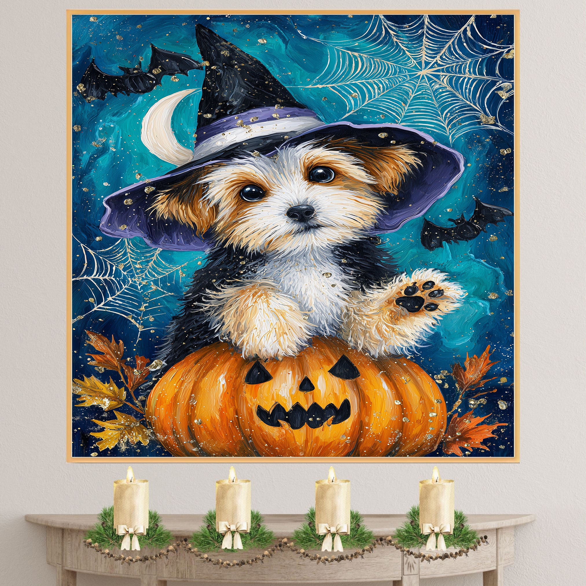 Biewer Terrier Dog Canvas with Pumpkin Dog Art for Seasonal Pet Friendly Thanksgiving Décor for Kids Room  on Ready to Hang 1.5" Thick Canvas Wrap, Floating Framed Canvas, Flat Rolled Canvas