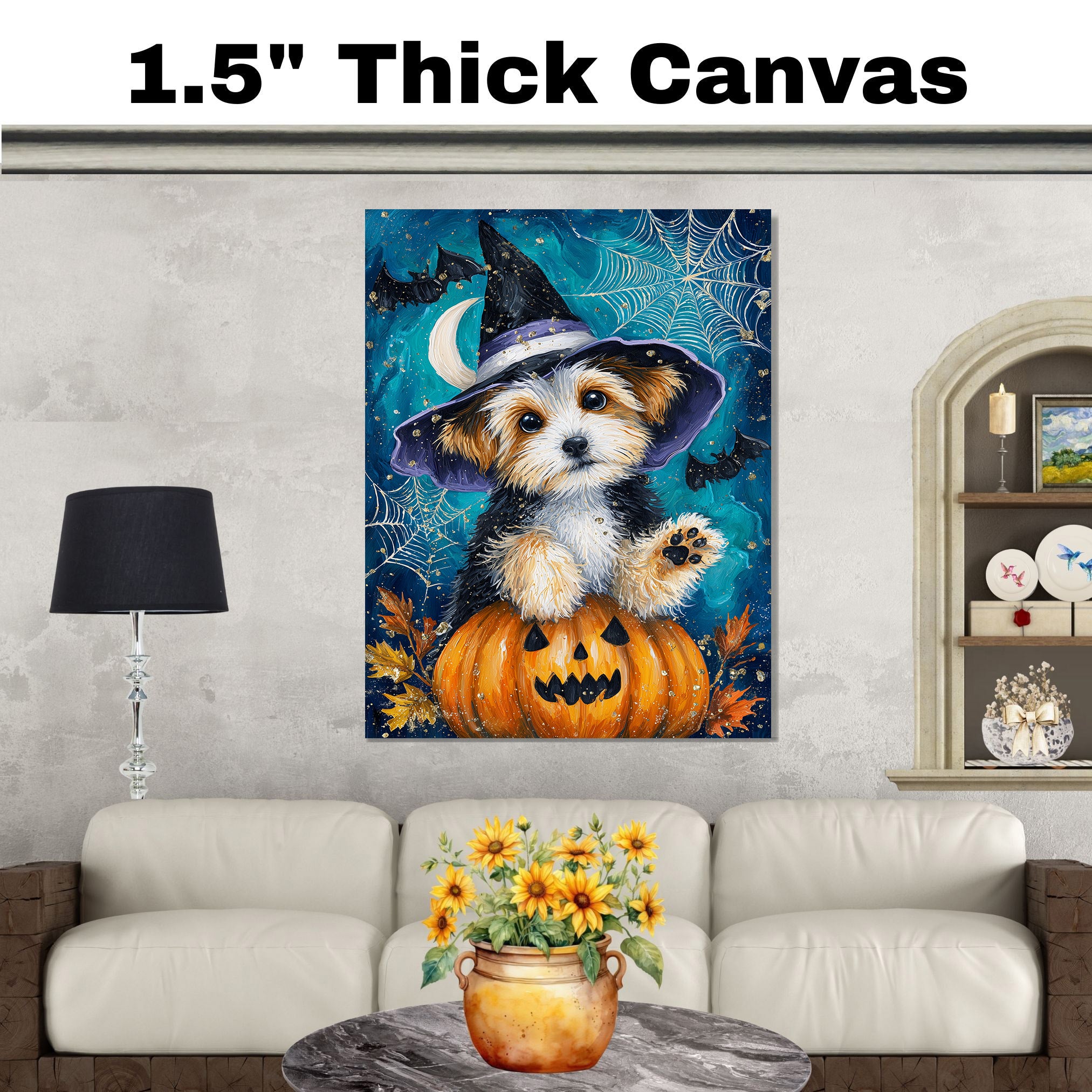 Biewer Terrier Dog Canvas with Pumpkin Dog Art for Seasonal Pet Friendly Thanksgiving Décor for Kids Room  on Ready to Hang 1.5" Thick Canvas Wrap, Floating Framed Canvas, Flat Rolled Canvas