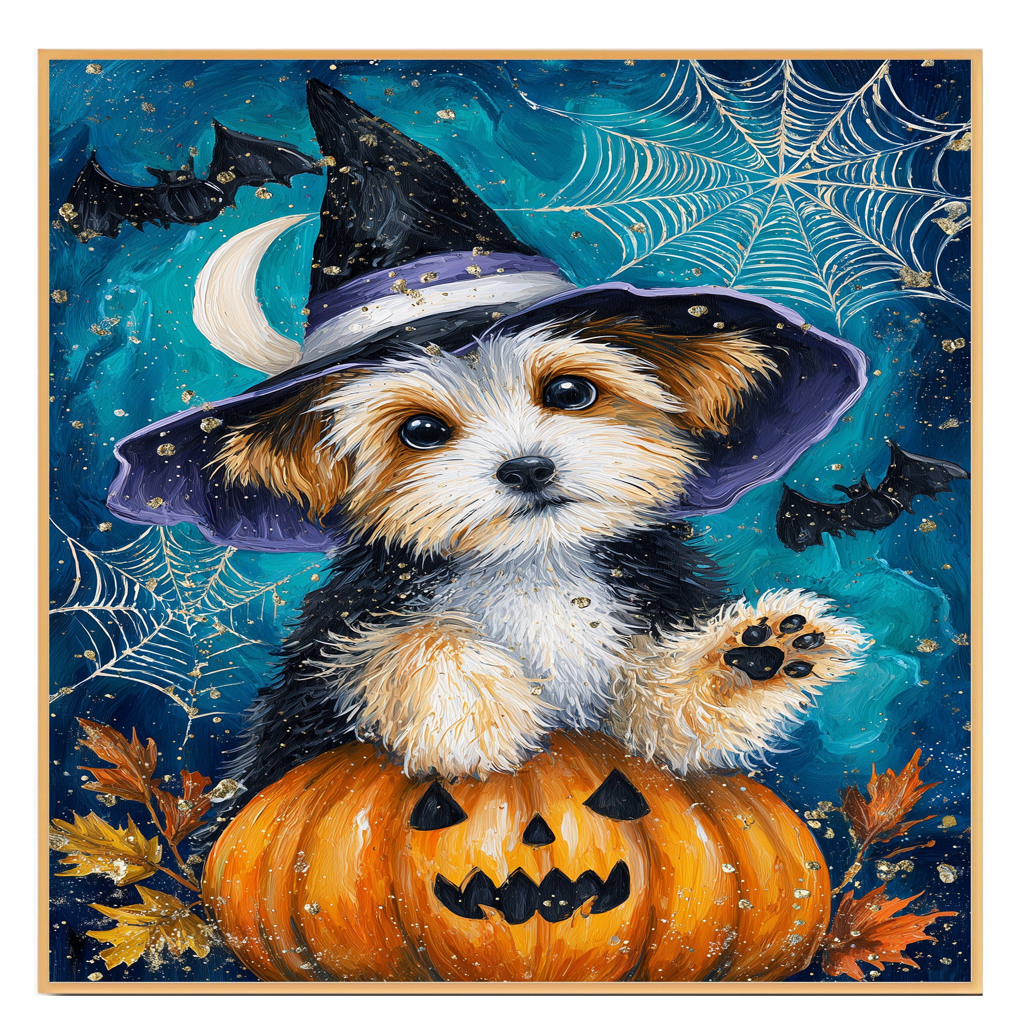 Biewer Terrier Dog Canvas with Pumpkin Dog Art for Seasonal Pet Friendly Thanksgiving Décor for Kids Room  on Ready to Hang 1.5" Thick Canvas Wrap, Floating Framed Canvas, Flat Rolled Canvas