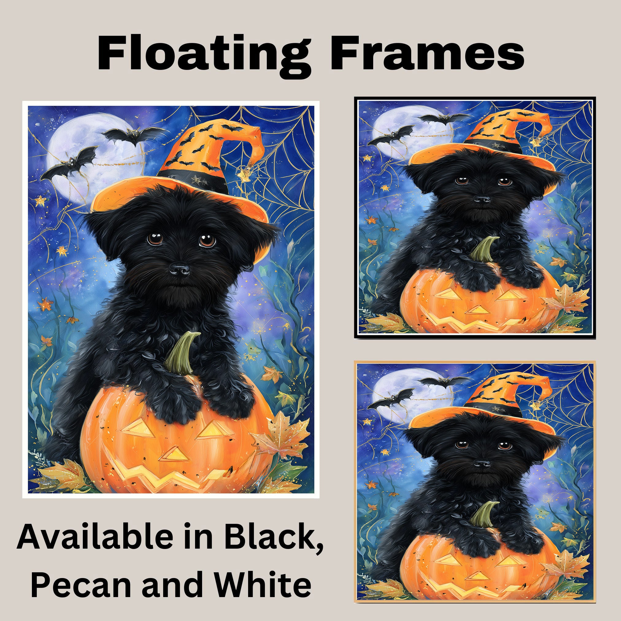 Halloween Affenpinscher Dog Canvas Wall Art with Spider Web Rustic Spooky Pet Lover Decor for Living Room on Ready to Hang 1.5" Thick Canvas Wrap, Floating Framed Canvas, Flat Rolled Canvas