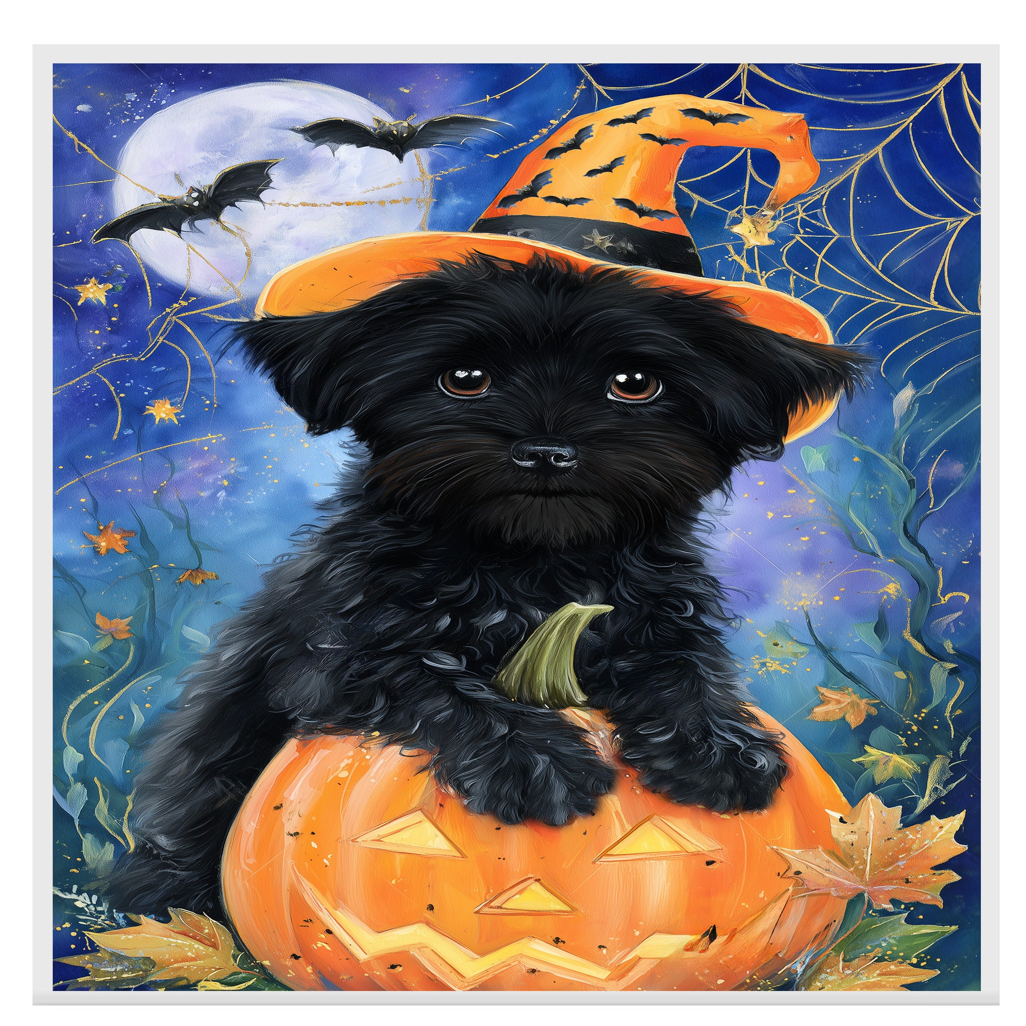 Halloween Affenpinscher Dog Canvas Wall Art with Spider Web Rustic Spooky Pet Lover Decor for Living Room on Ready to Hang 1.5" Thick Canvas Wrap, Floating Framed Canvas, Flat Rolled Canvas