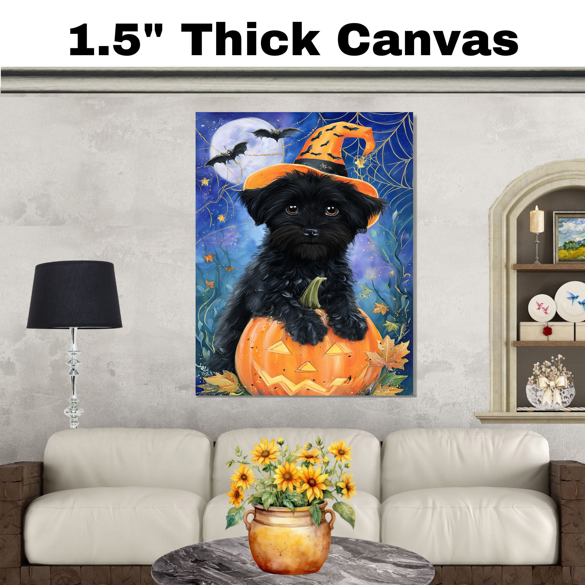 Halloween Affenpinscher Dog Canvas Wall Art with Spider Web Rustic Spooky Pet Lover Decor for Living Room on Ready to Hang 1.5" Thick Canvas Wrap, Floating Framed Canvas, Flat Rolled Canvas