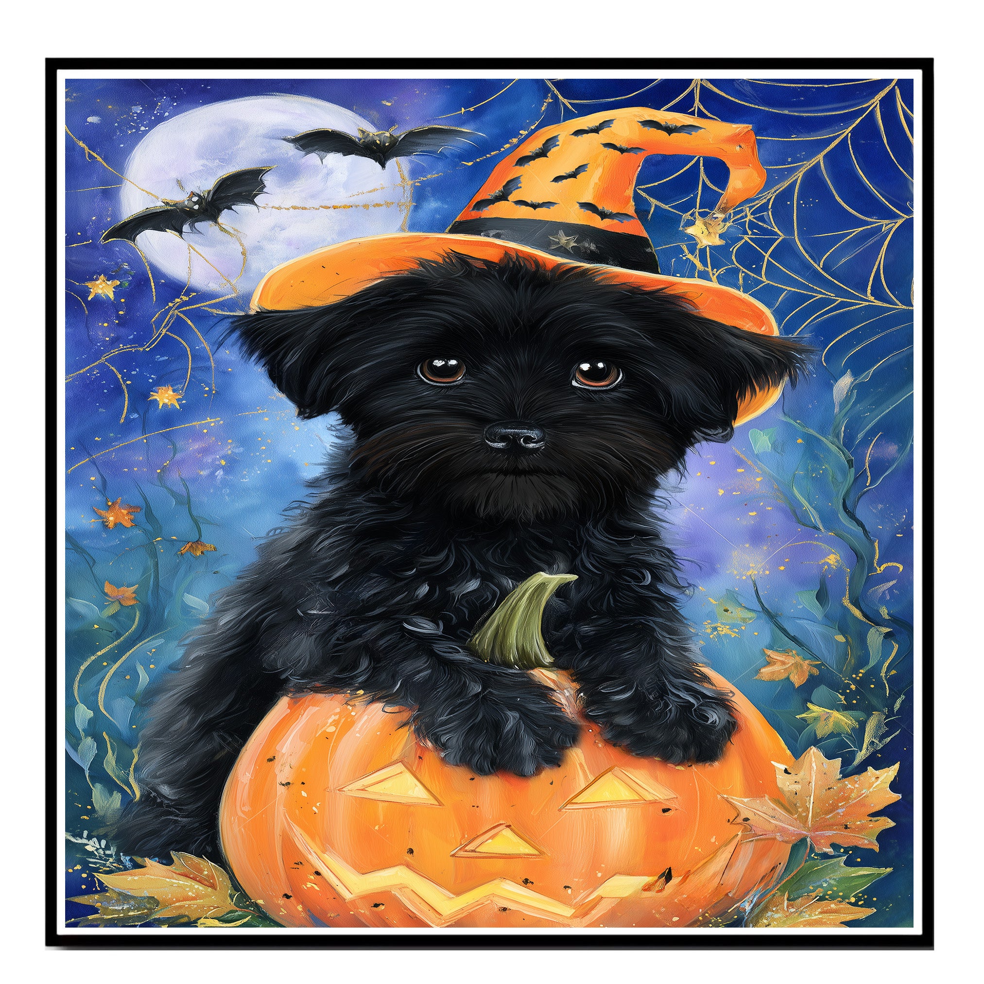 Halloween Affenpinscher Dog Canvas Wall Art with Spider Web Rustic Spooky Pet Lover Decor for Living Room on Ready to Hang 1.5" Thick Canvas Wrap, Floating Framed Canvas, Flat Rolled Canvas