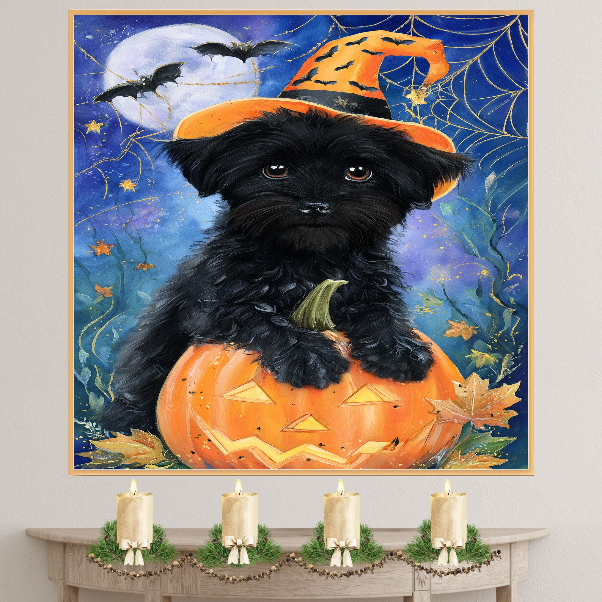 Halloween Affenpinscher Dog Canvas Wall Art with Spider Web Rustic Spooky Pet Lover Decor for Living Room on Ready to Hang 1.5" Thick Canvas Wrap, Floating Framed Canvas, Flat Rolled Canvas