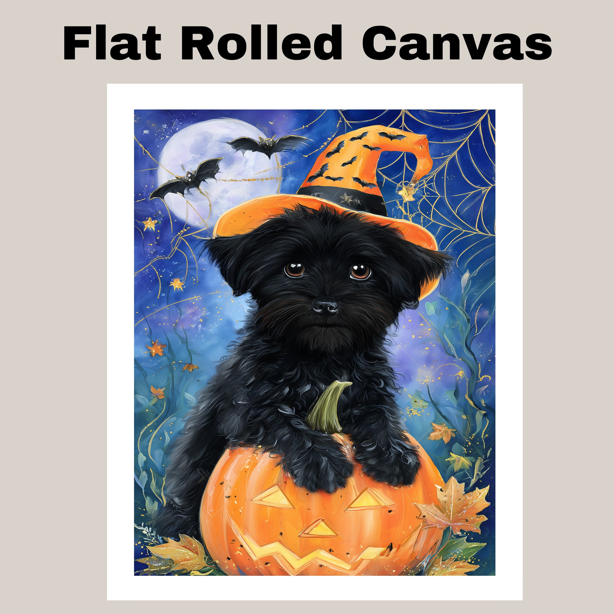 Halloween Affenpinscher Dog Canvas Wall Art with Spider Web Rustic Spooky Pet Lover Decor for Living Room on Ready to Hang 1.5" Thick Canvas Wrap, Floating Framed Canvas, Flat Rolled Canvas