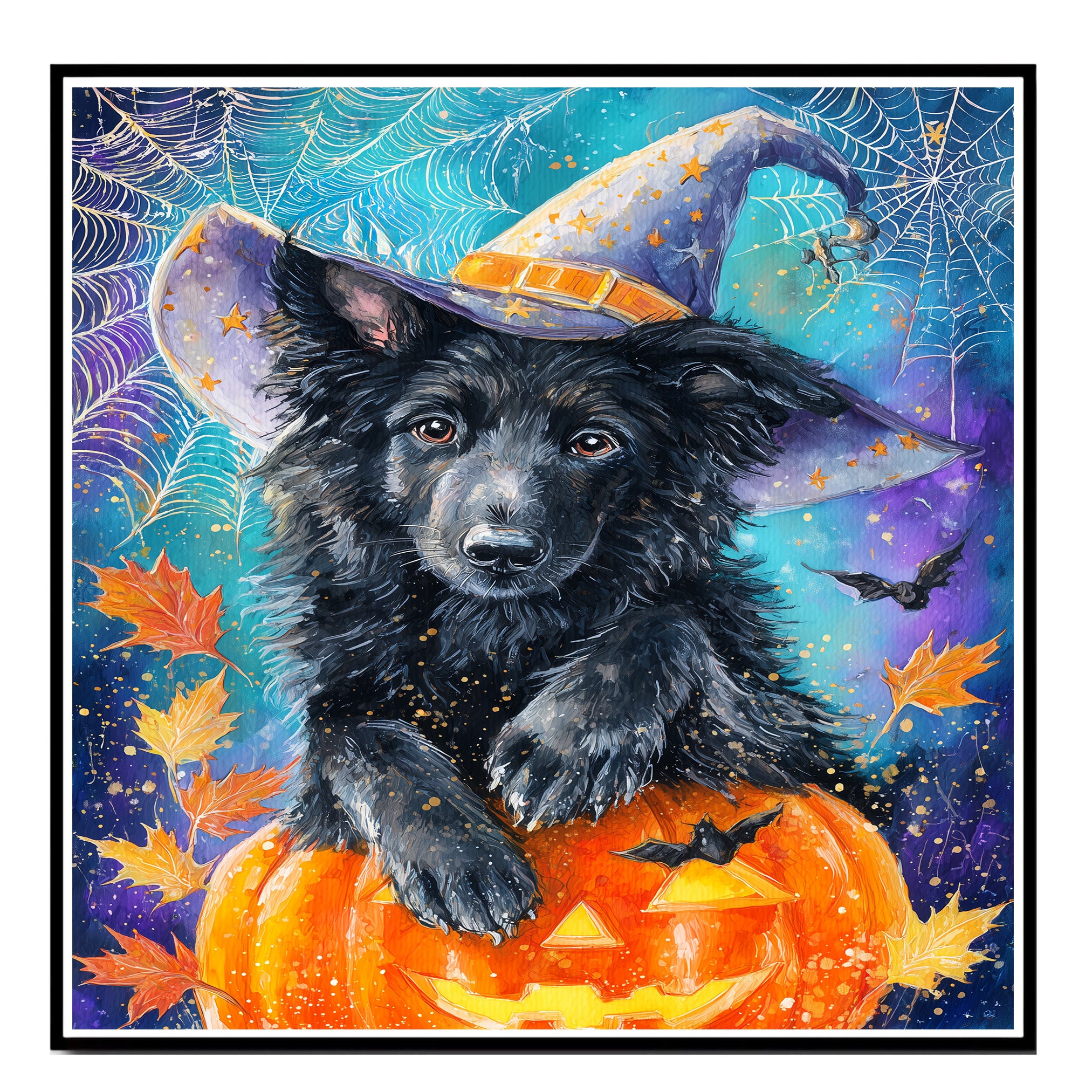 Belgian Shepherd Spooky Dog Pumpkin and Spider Web Halloween Canvas Print Haunted Pet Lover Wall Art for Dog Dad on Ready to Hang 1.5" Thick Canvas Wrap, Floating Framed Canvas, Flat Rolled Canvas