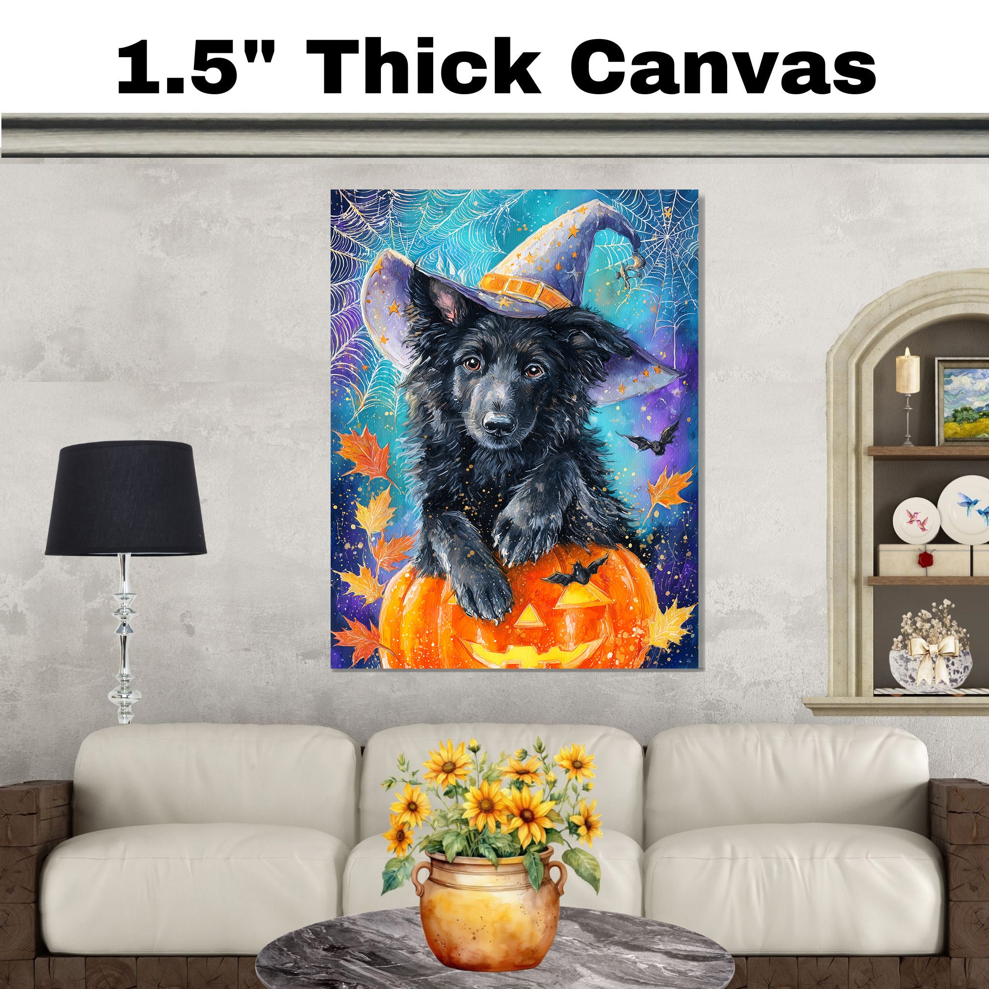 Belgian Shepherd Spooky Dog Pumpkin and Spider Web Halloween Canvas Print Haunted Pet Lover Wall Art for Dog Dad on Ready to Hang 1.5" Thick Canvas Wrap, Floating Framed Canvas, Flat Rolled Canvas