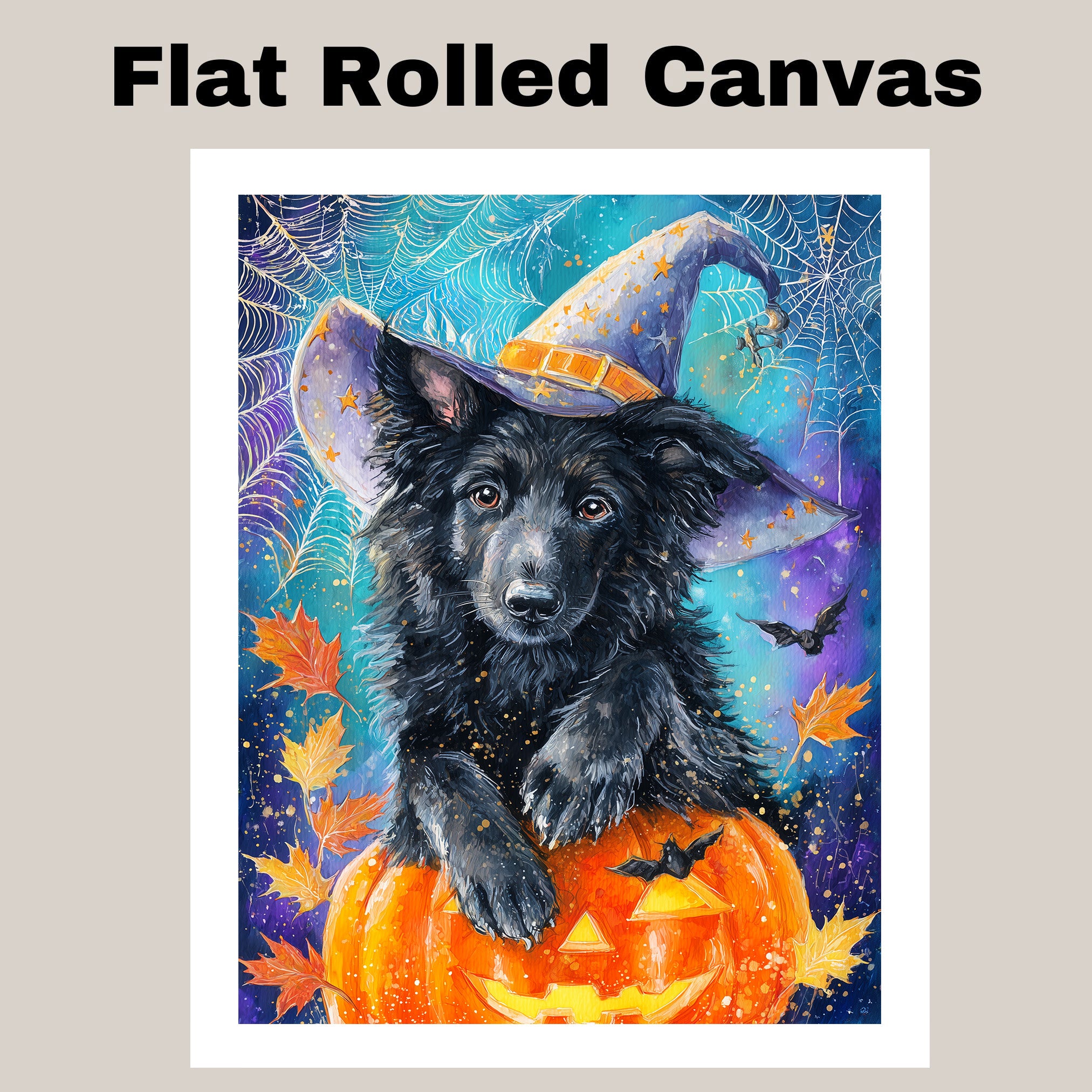 Belgian Shepherd Spooky Dog Pumpkin and Spider Web Halloween Canvas Print Haunted Pet Lover Wall Art for Dog Dad on Ready to Hang 1.5" Thick Canvas Wrap, Floating Framed Canvas, Flat Rolled Canvas