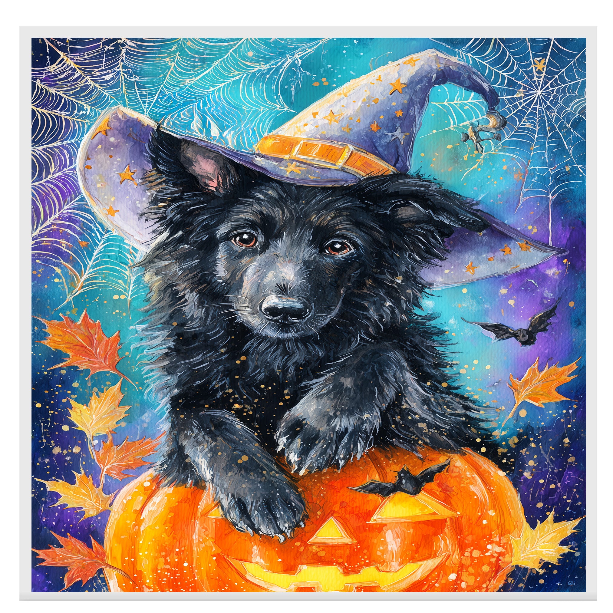 Belgian Shepherd Spooky Dog Pumpkin and Spider Web Halloween Canvas Print Haunted Pet Lover Wall Art for Dog Dad on Ready to Hang 1.5" Thick Canvas Wrap, Floating Framed Canvas, Flat Rolled Canvas