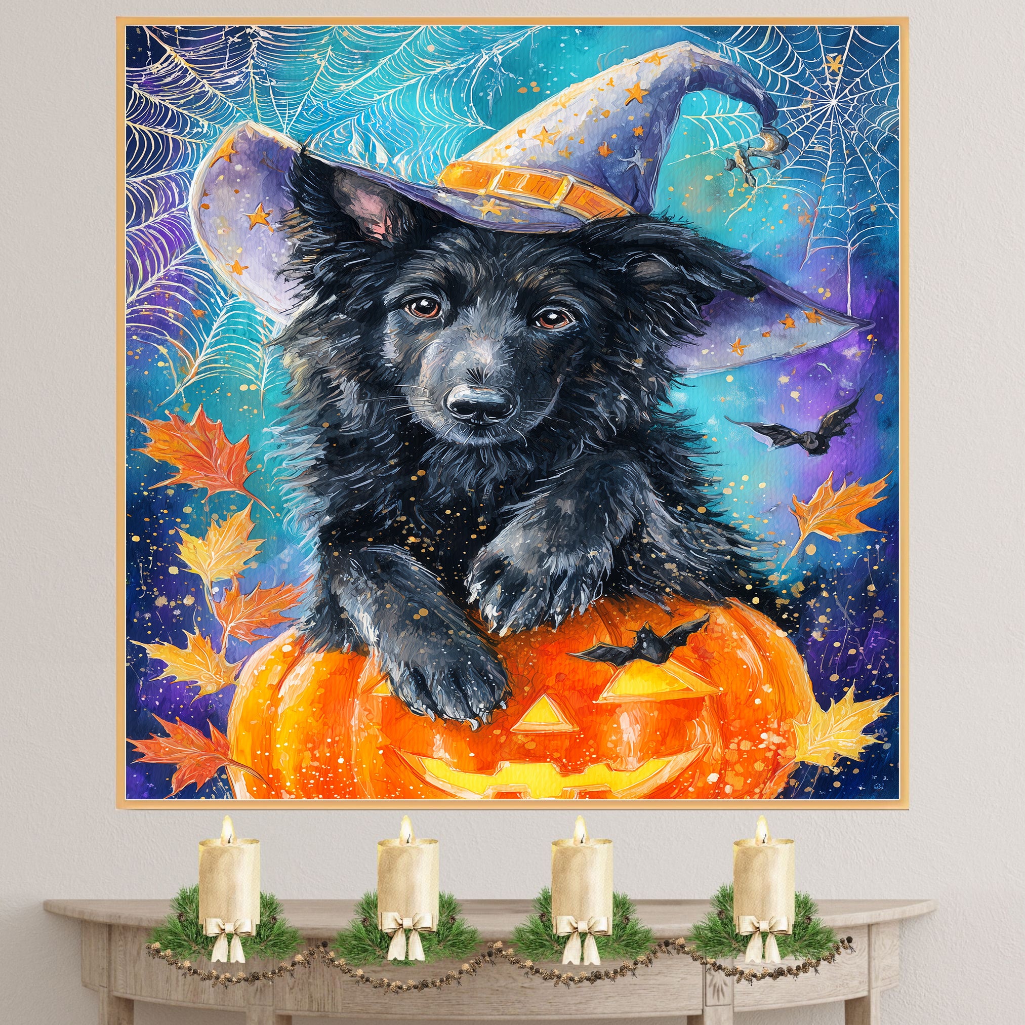 Belgian Shepherd Spooky Dog Pumpkin and Spider Web Halloween Canvas Print Haunted Pet Lover Wall Art for Dog Dad on Ready to Hang 1.5" Thick Canvas Wrap, Floating Framed Canvas, Flat Rolled Canvas