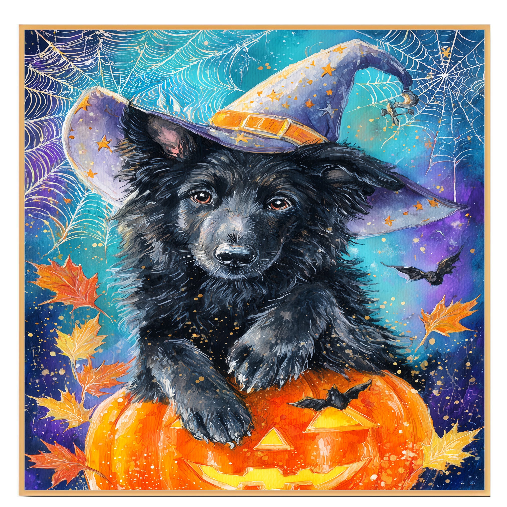 Belgian Shepherd Spooky Dog Pumpkin and Spider Web Halloween Canvas Print Haunted Pet Lover Wall Art for Dog Dad on Ready to Hang 1.5" Thick Canvas Wrap, Floating Framed Canvas, Flat Rolled Canvas