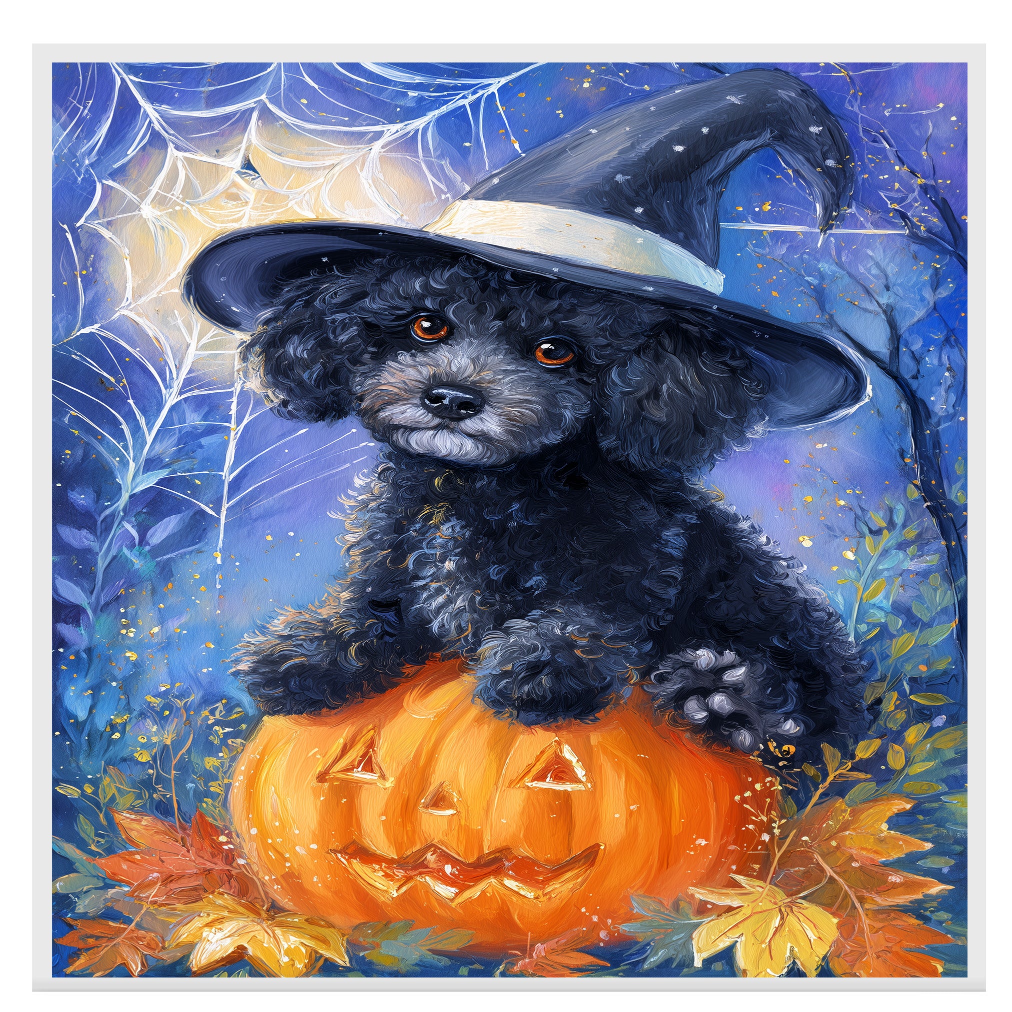 Poodle Puppy Art for Mom's Haunted Halloween Canvas With Spider Web Wall Art for Seasonal Pet Friendly Decoration on Ready to Hang 1.5" Thick Canvas Wrap, Floating Framed Canvas, Flat Rolled Canvas