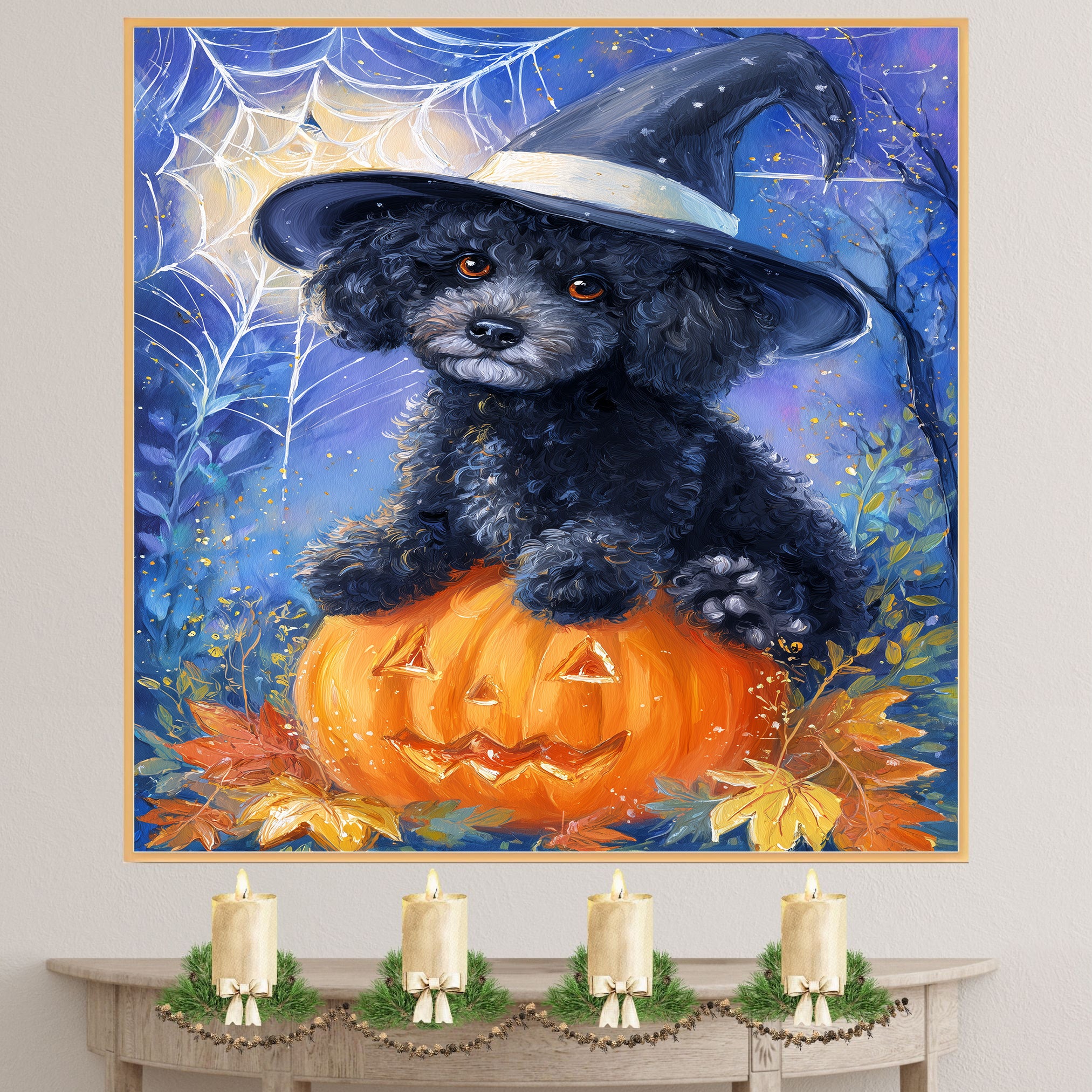 Poodle Puppy Art for Mom's Haunted Halloween Canvas With Spider Web Wall Art for Seasonal Pet Friendly Decoration on Ready to Hang 1.5" Thick Canvas Wrap, Floating Framed Canvas, Flat Rolled Canvas