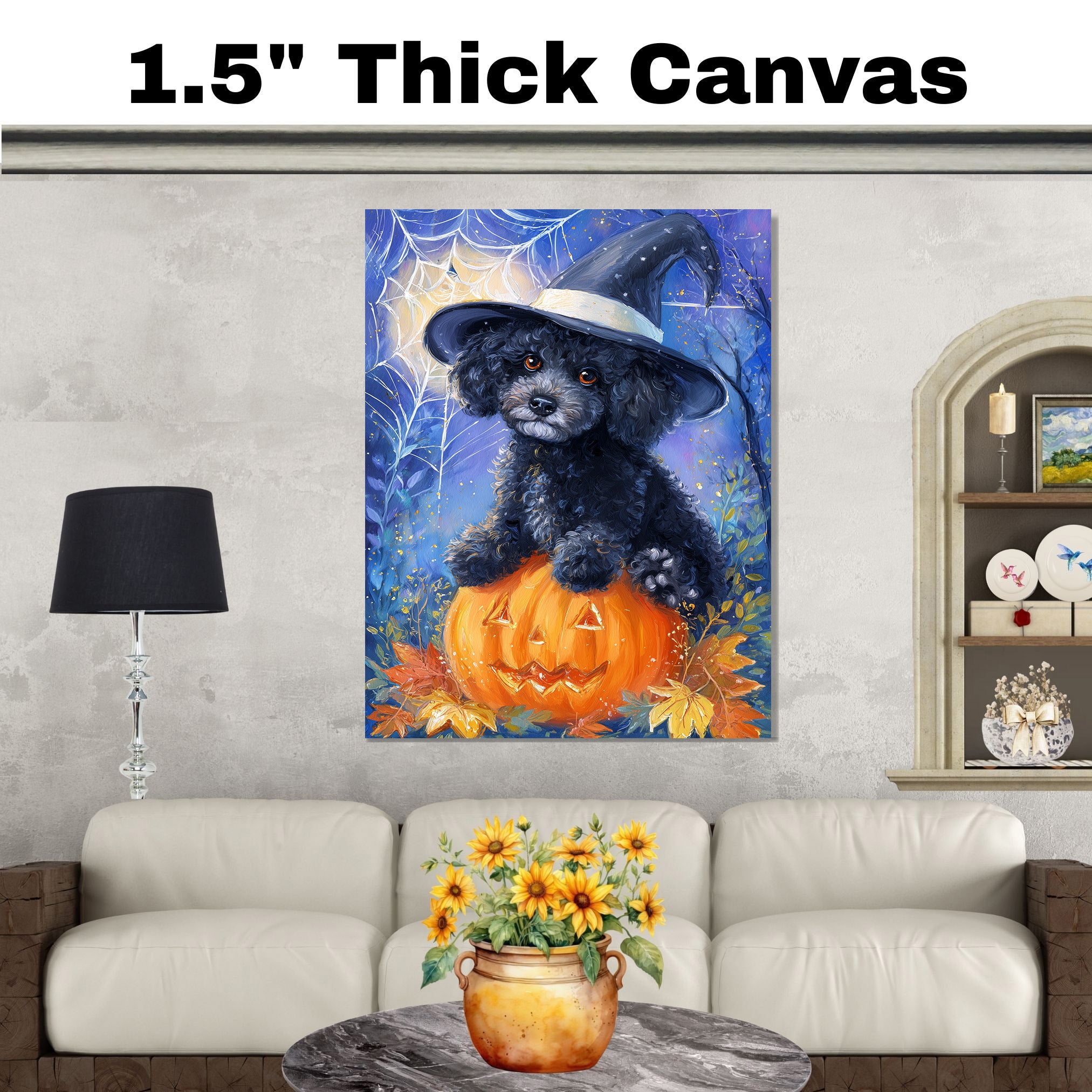 Poodle Puppy Art for Mom's Haunted Halloween Canvas With Spider Web Wall Art for Seasonal Pet Friendly Decoration on Ready to Hang 1.5" Thick Canvas Wrap, Floating Framed Canvas, Flat Rolled Canvas