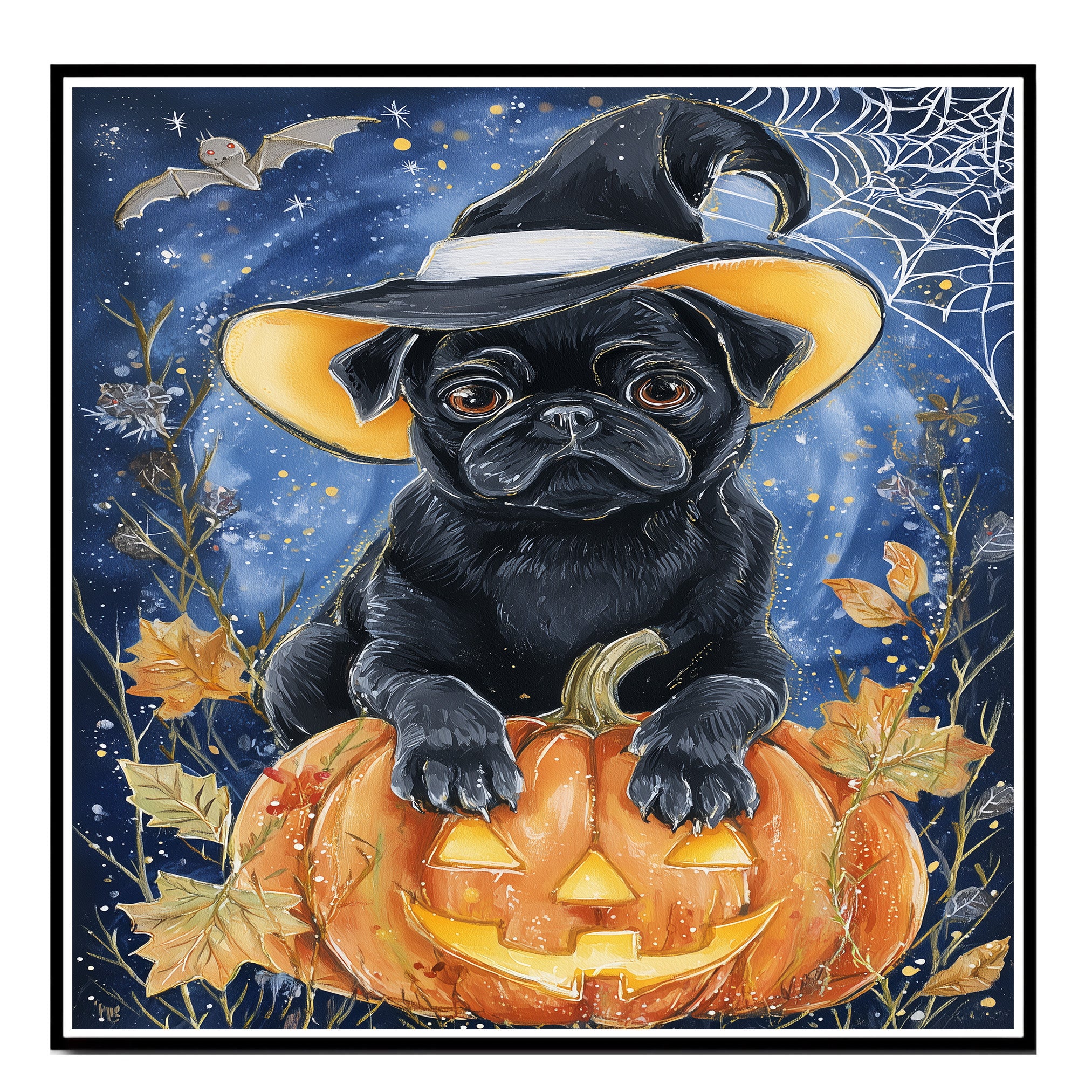 Pug Dog Fall Pumpkin Canvas Pet Lover Decor for Fireplace Mantel Entryway for Haunted House Party Decorations on Ready to Hang 1.5" Thick Canvas Wrap, Floating Framed Canvas, Flat Rolled Canvas