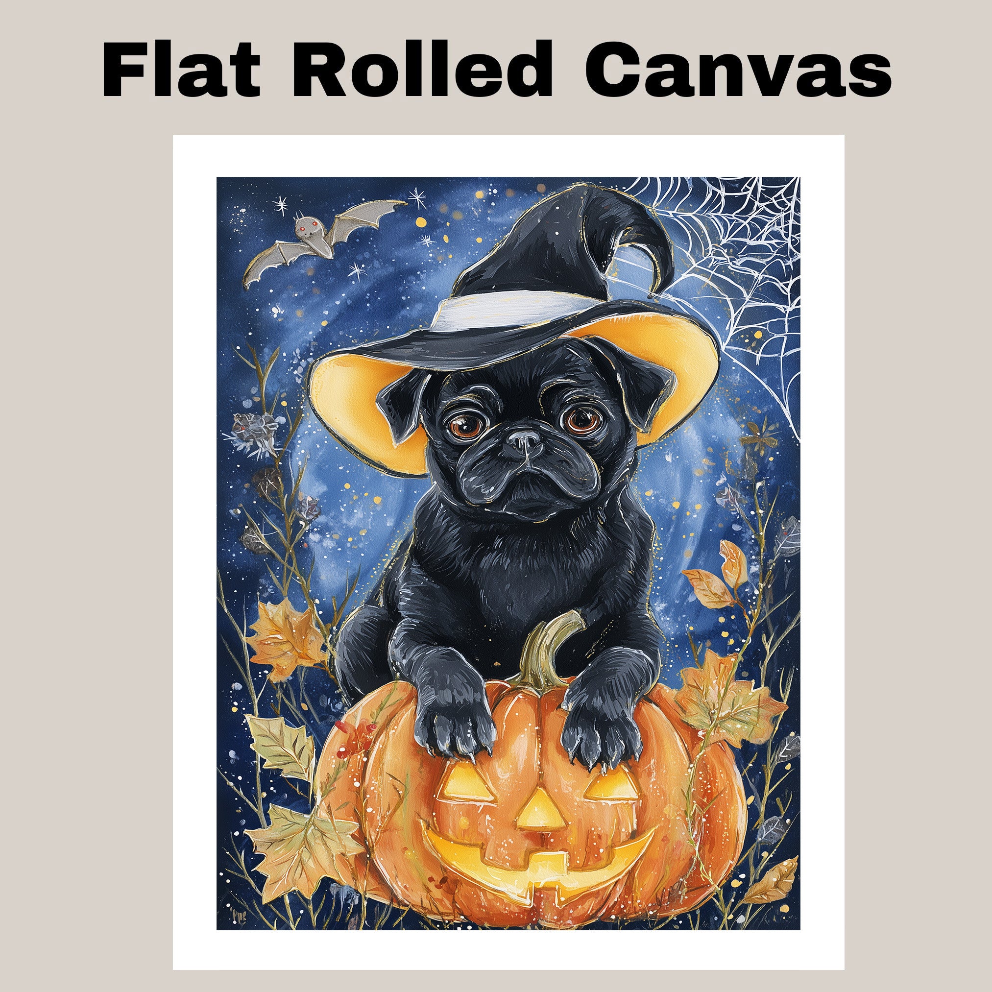 Pug Dog Fall Pumpkin Canvas Pet Lover Decor for Fireplace Mantel Entryway for Haunted House Party Decorations on Ready to Hang 1.5" Thick Canvas Wrap, Floating Framed Canvas, Flat Rolled Canvas