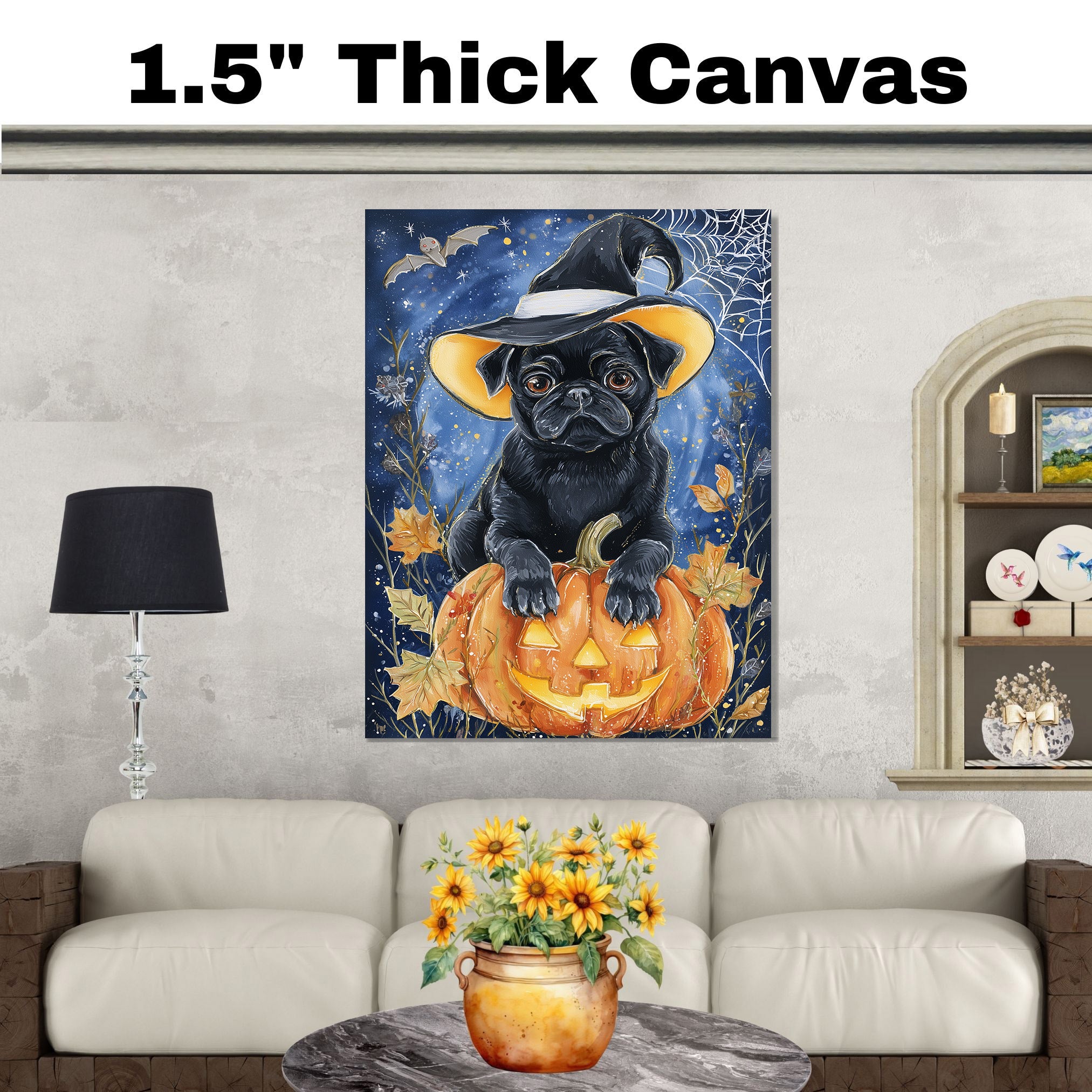 Pug Dog Fall Pumpkin Canvas Pet Lover Decor for Fireplace Mantel Entryway for Haunted House Party Decorations on Ready to Hang 1.5" Thick Canvas Wrap, Floating Framed Canvas, Flat Rolled Canvas