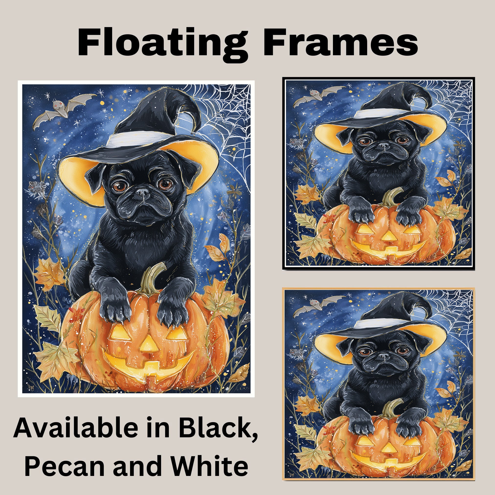 Pug Dog Fall Pumpkin Canvas Pet Lover Decor for Fireplace Mantel Entryway for Haunted House Party Decorations on Ready to Hang 1.5" Thick Canvas Wrap, Floating Framed Canvas, Flat Rolled Canvas