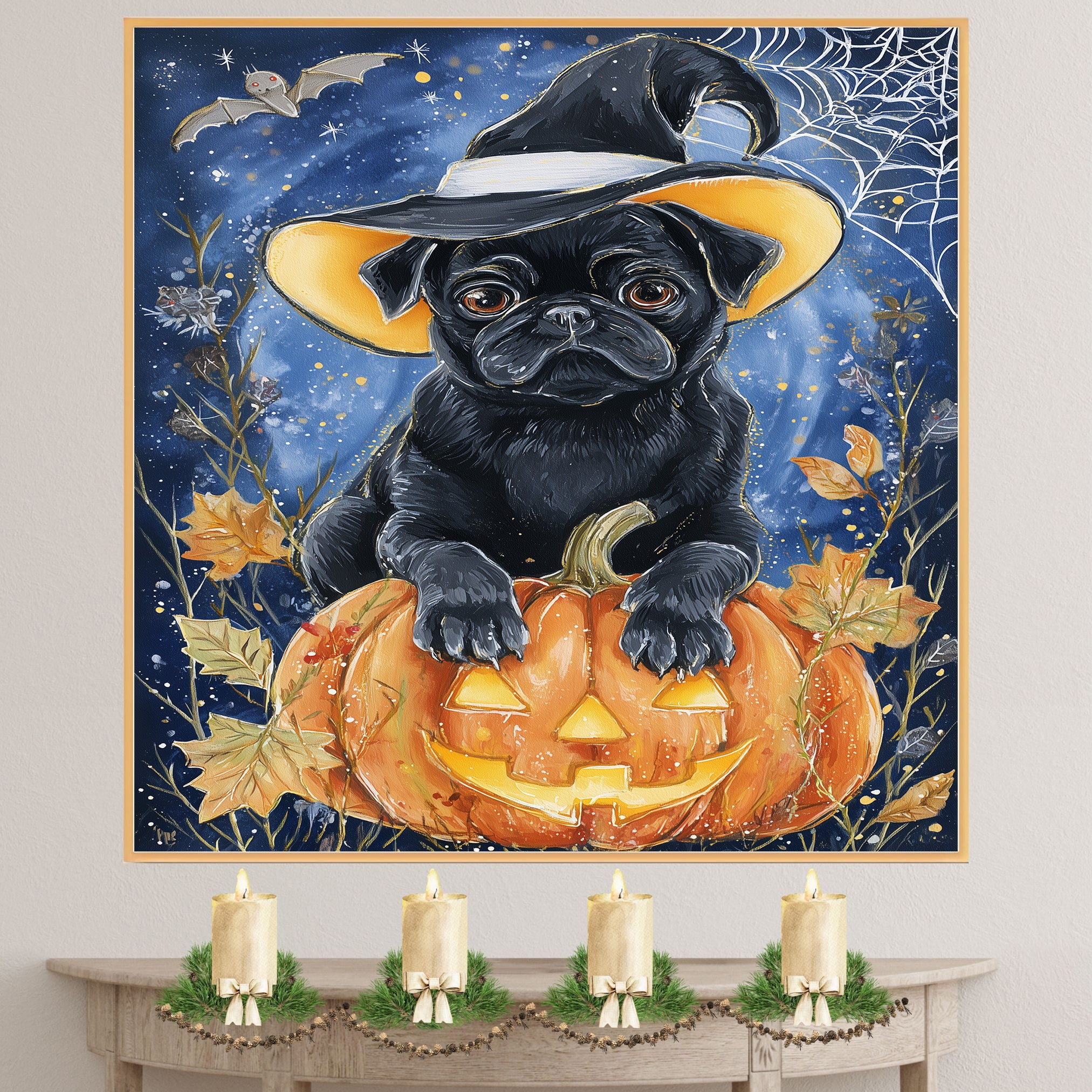 Pug Dog Fall Pumpkin Canvas Pet Lover Decor for Fireplace Mantel Entryway for Haunted House Party Decorations on Ready to Hang 1.5" Thick Canvas Wrap, Floating Framed Canvas, Flat Rolled Canvas