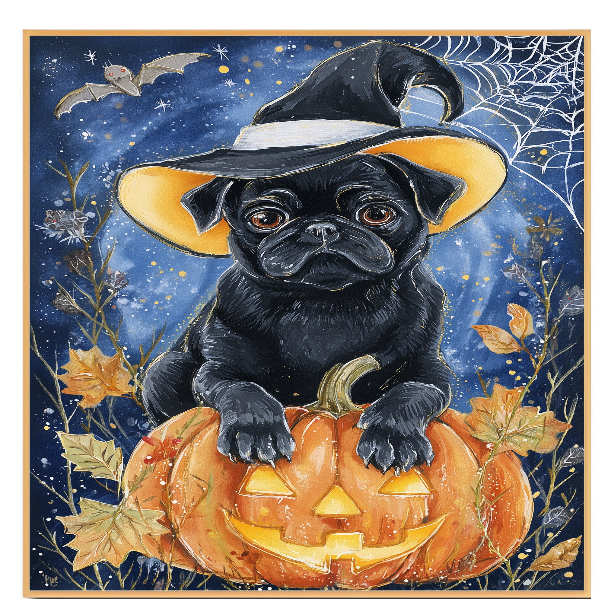 Pug Dog Fall Pumpkin Canvas Pet Lover Decor for Fireplace Mantel Entryway for Haunted House Party Decorations on Ready to Hang 1.5" Thick Canvas Wrap, Floating Framed Canvas, Flat Rolled Canvas