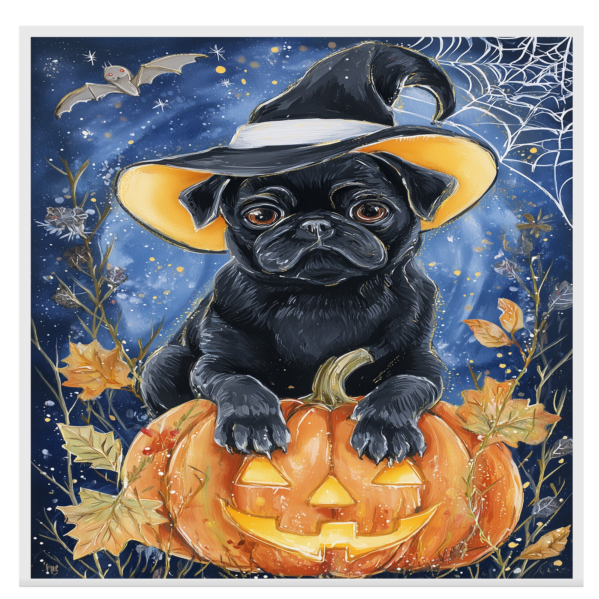Pug Dog Fall Pumpkin Canvas Pet Lover Decor for Fireplace Mantel Entryway for Haunted House Party Decorations on Ready to Hang 1.5" Thick Canvas Wrap, Floating Framed Canvas, Flat Rolled Canvas