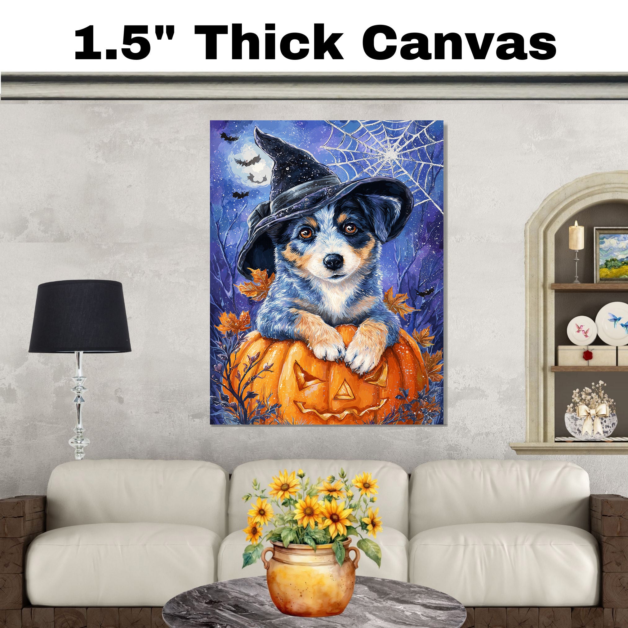 Blue Heeler Autumn Pumpkin Puppy Canvas Witch Hat with Pumpkin Wall Art for Dog Parent's Home Decorations  on Ready to Hang 1.5" Thick Canvas Wrap, Floating Framed Canvas, Flat Rolled Canvas