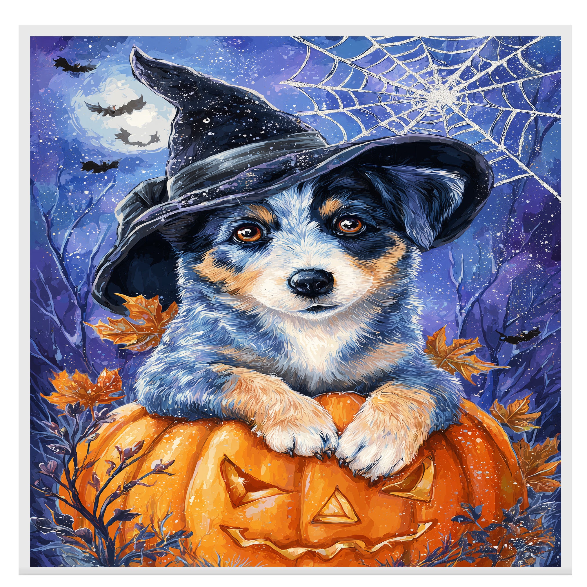 Blue Heeler Autumn Pumpkin Puppy Canvas Witch Hat with Pumpkin Wall Art for Dog Parent's Home Decorations  on Ready to Hang 1.5" Thick Canvas Wrap, Floating Framed Canvas, Flat Rolled Canvas