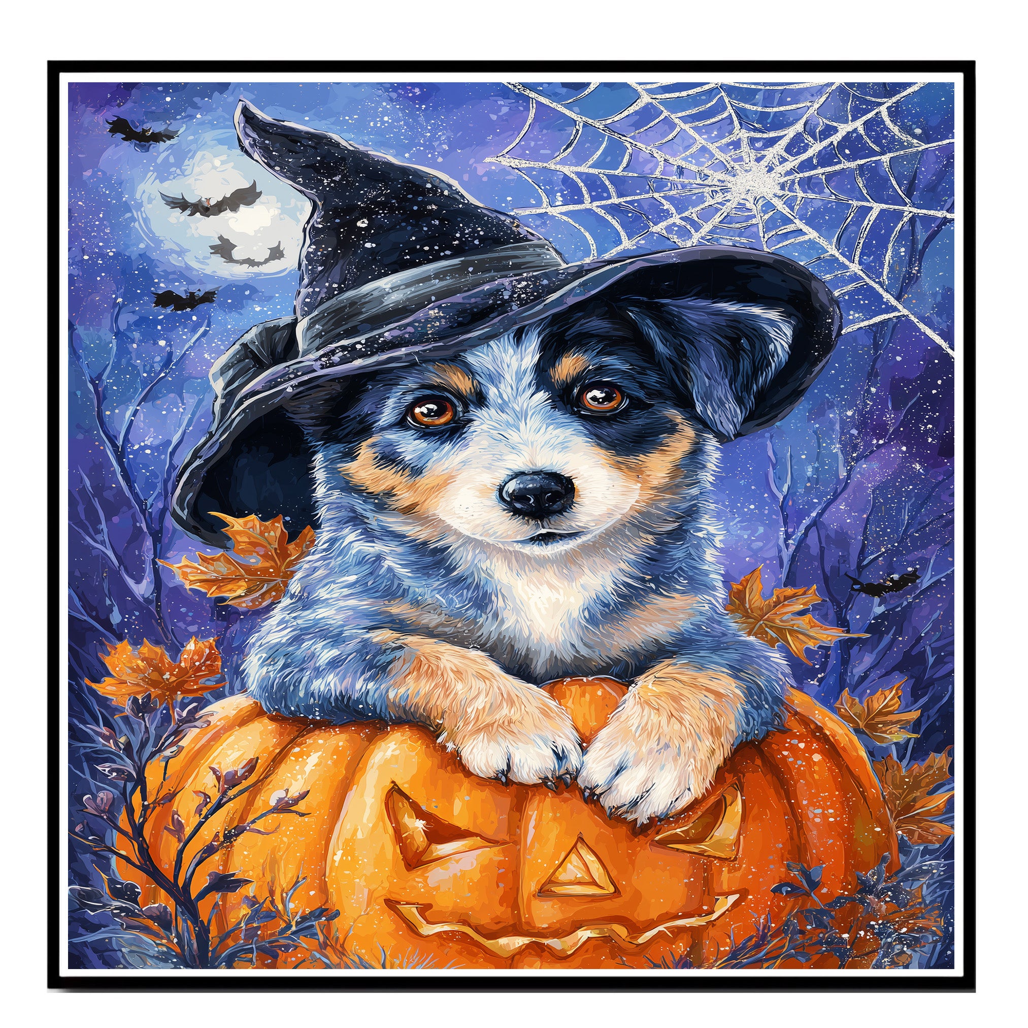 Blue Heeler Autumn Pumpkin Puppy Canvas Witch Hat with Pumpkin Wall Art for Dog Parent's Home Decorations  on Ready to Hang 1.5" Thick Canvas Wrap, Floating Framed Canvas, Flat Rolled Canvas