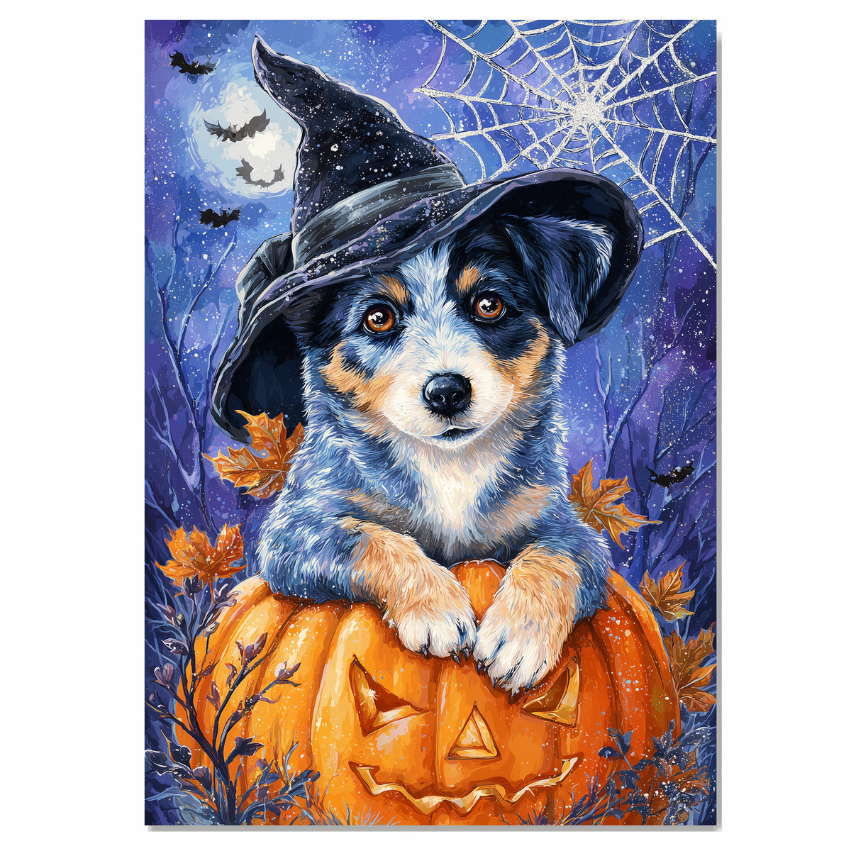Blue Heeler Autumn Pumpkin Puppy Canvas Witch Hat with Pumpkin Wall Art for Dog Parent's Home Decorations  on Ready to Hang 1.5" Thick Canvas Wrap, Floating Framed Canvas, Flat Rolled Canvas