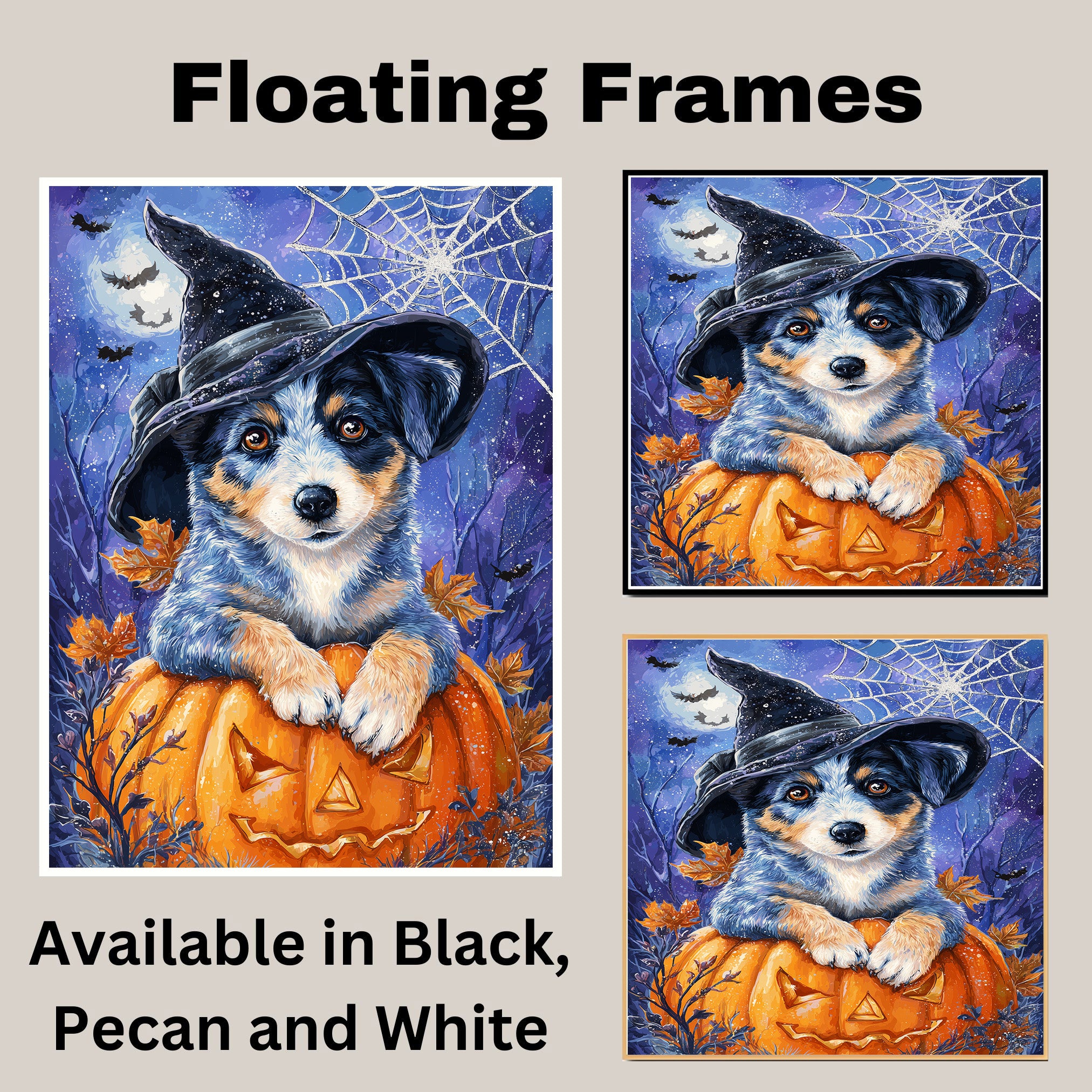 Blue Heeler Autumn Pumpkin Puppy Canvas Witch Hat with Pumpkin Wall Art for Dog Parent's Home Decorations  on Ready to Hang 1.5" Thick Canvas Wrap, Floating Framed Canvas, Flat Rolled Canvas