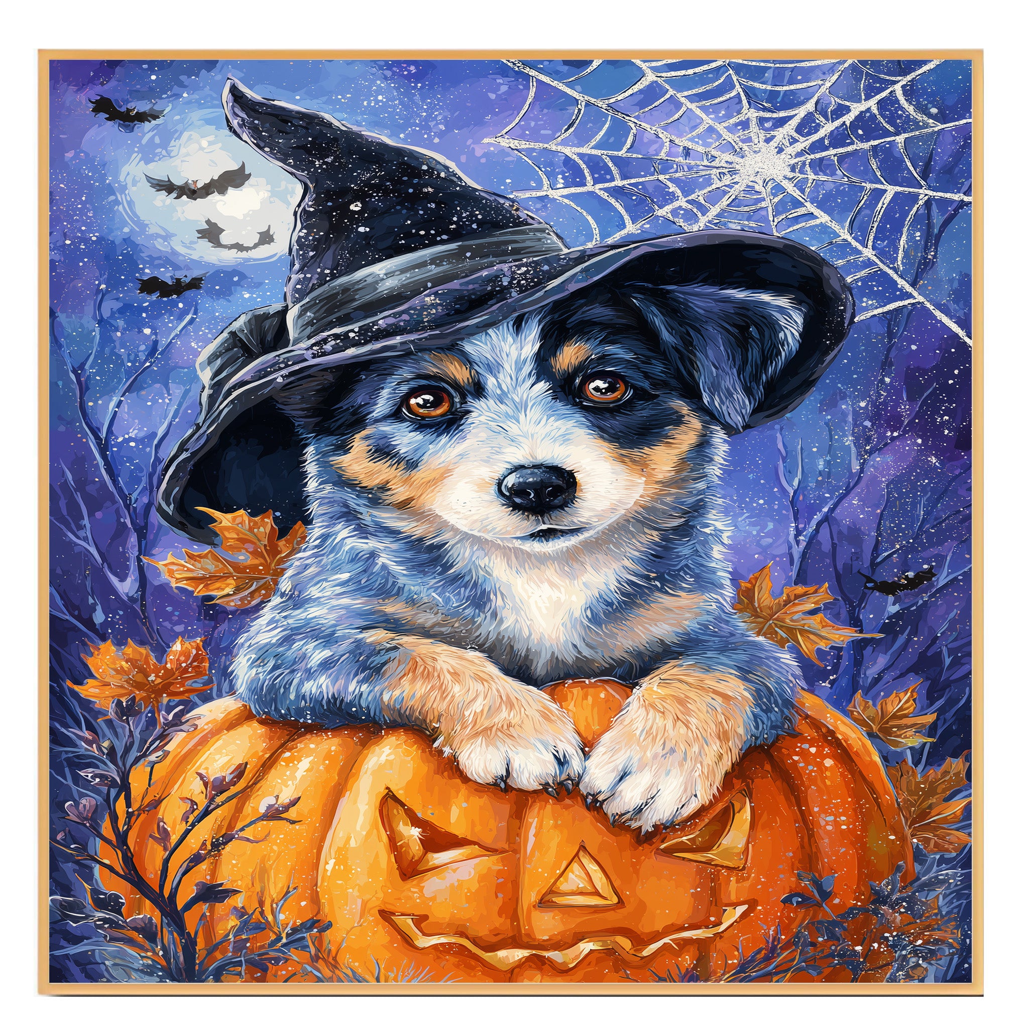 Blue Heeler Autumn Pumpkin Puppy Canvas Witch Hat with Pumpkin Wall Art for Dog Parent's Home Decorations  on Ready to Hang 1.5" Thick Canvas Wrap, Floating Framed Canvas, Flat Rolled Canvas