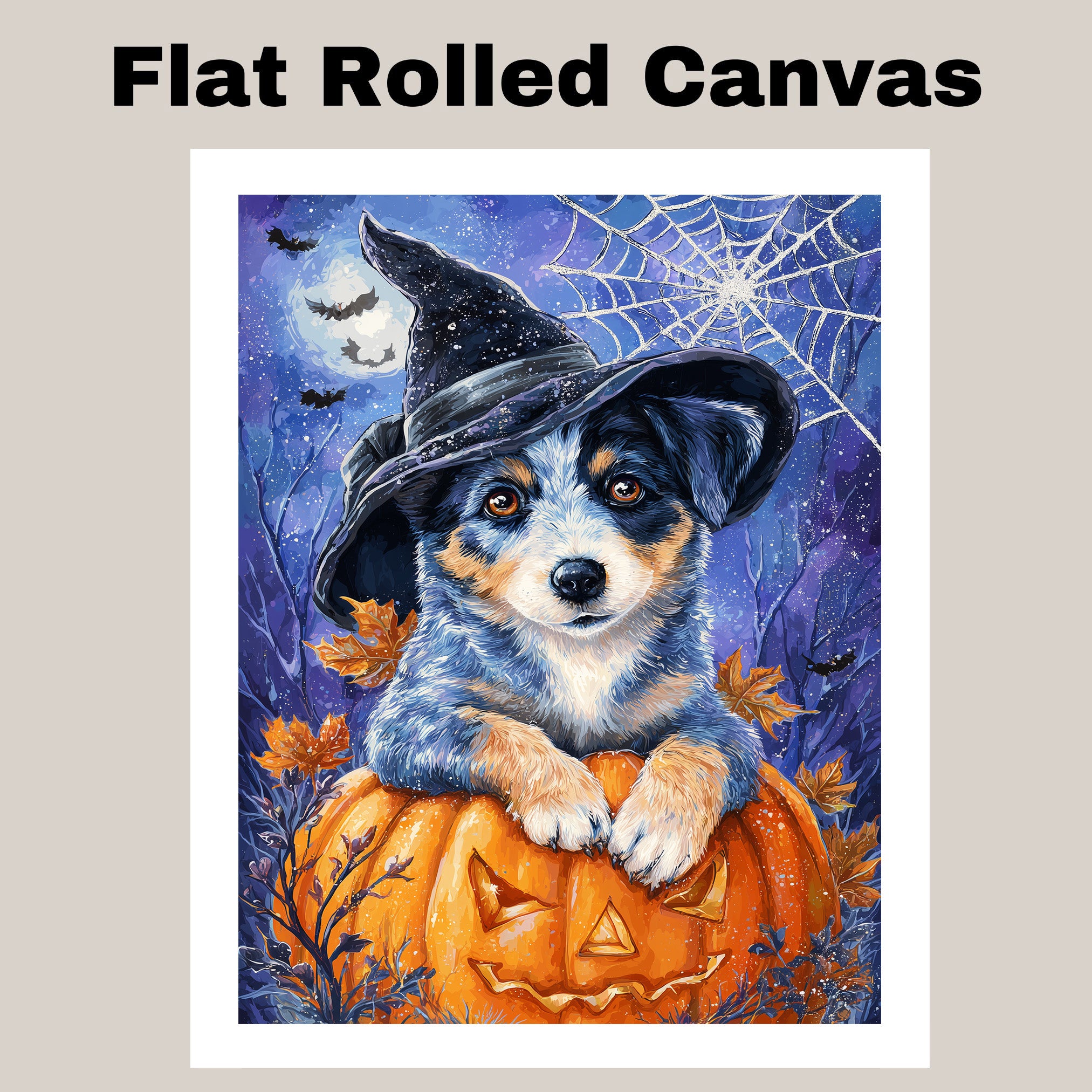 Blue Heeler Autumn Pumpkin Puppy Canvas Witch Hat with Pumpkin Wall Art for Dog Parent's Home Decorations  on Ready to Hang 1.5" Thick Canvas Wrap, Floating Framed Canvas, Flat Rolled Canvas
