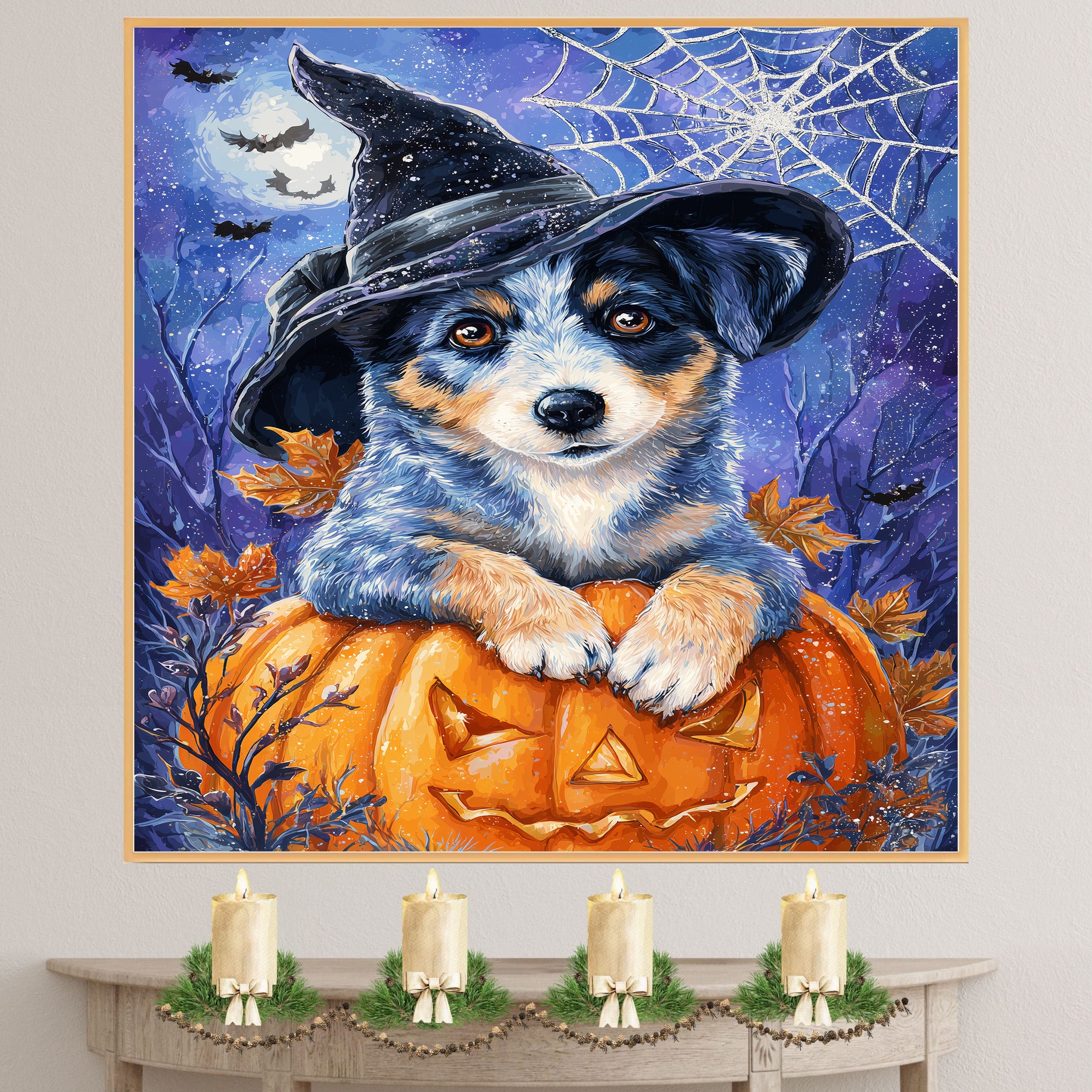Blue Heeler Autumn Pumpkin Puppy Canvas Witch Hat with Pumpkin Wall Art for Dog Parent's Home Decorations  on Ready to Hang 1.5" Thick Canvas Wrap, Floating Framed Canvas, Flat Rolled Canvas