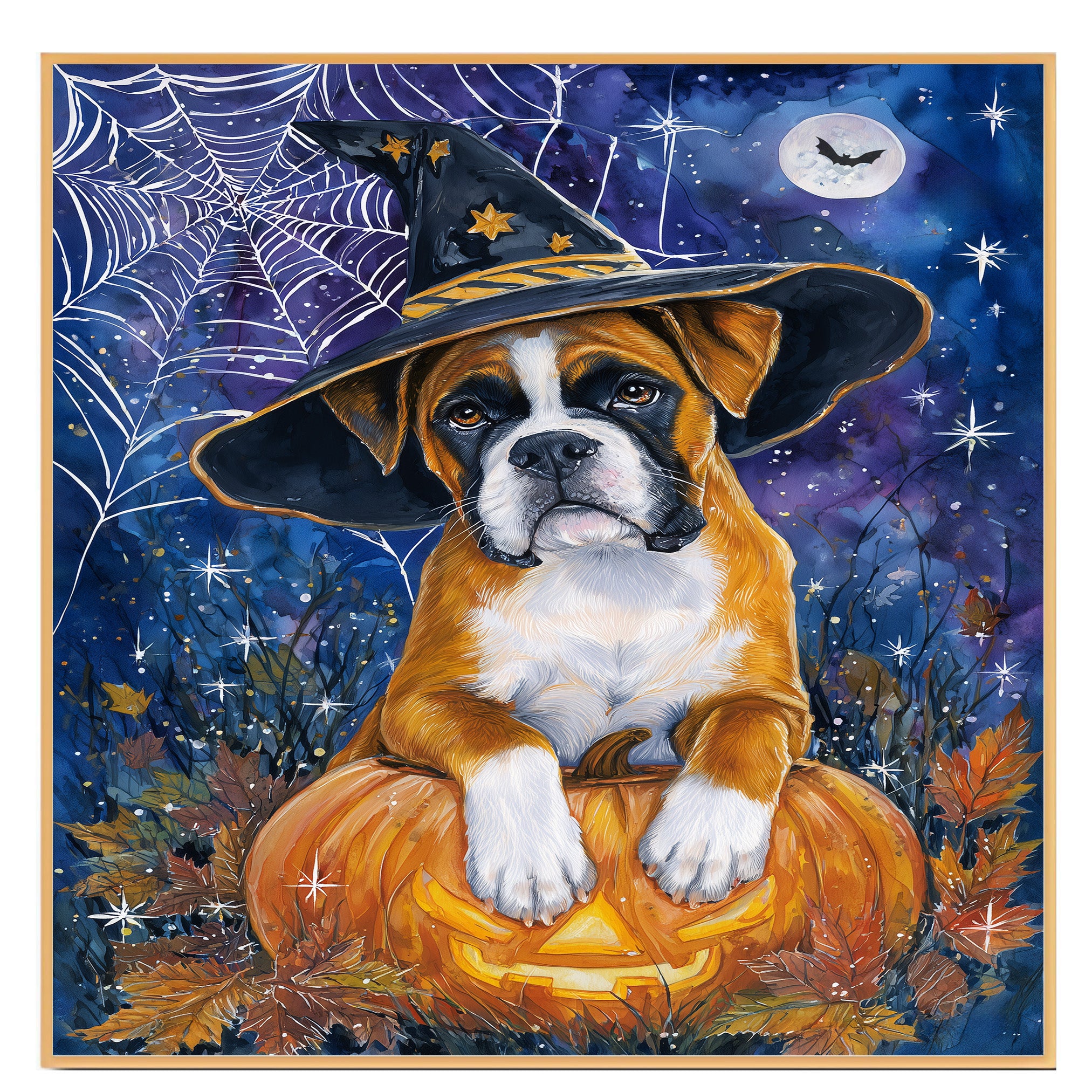Fall Boxer Dog Canvas Art Wall Decor for Living Room Spider Web Maple Leaf Decorative Art for Bathroom on Ready to Hang 1.5" Thick Canvas Wrap, Floating Framed Canvas, Flat Rolled Canvas