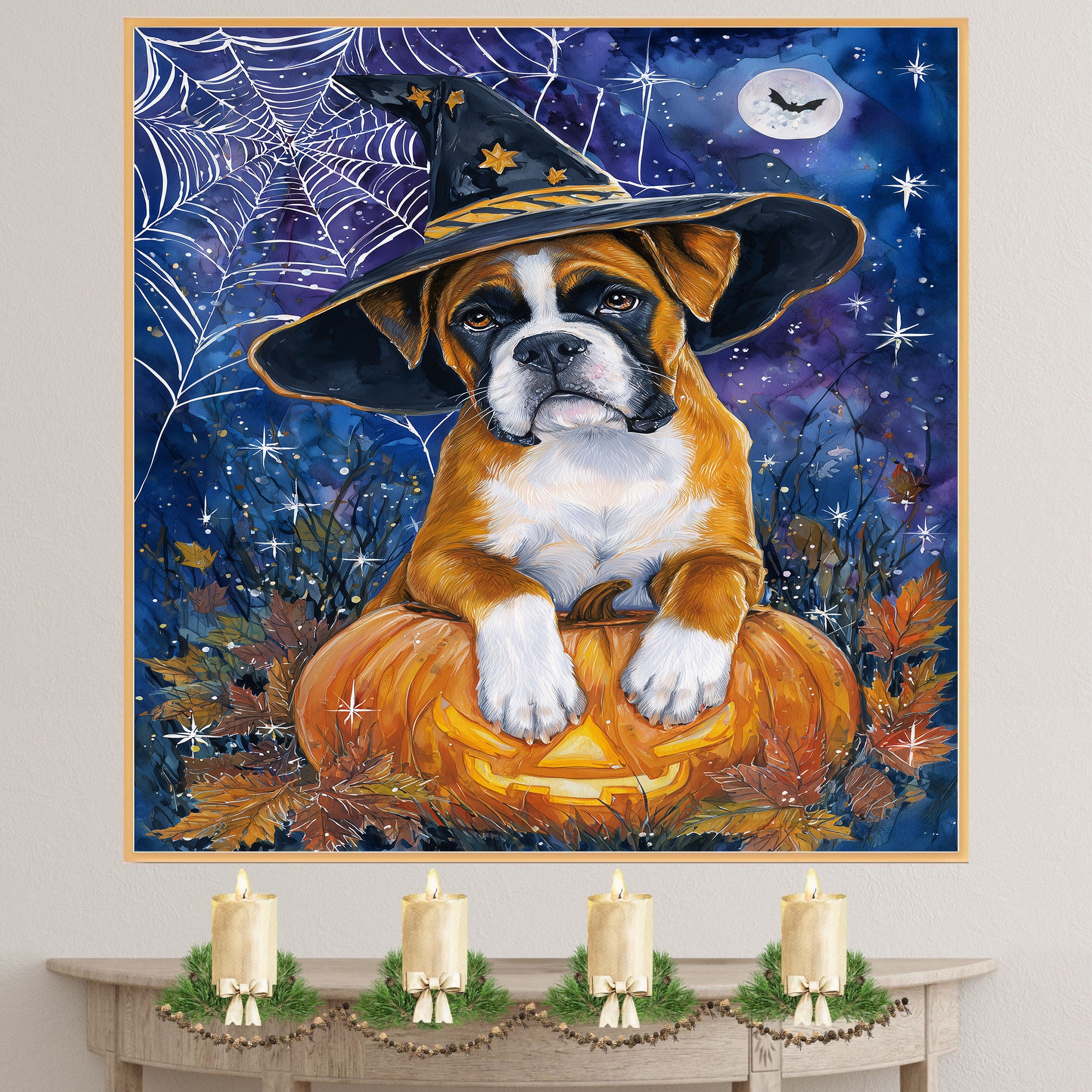 Fall Boxer Dog Canvas Art Wall Decor for Living Room Spider Web Maple Leaf Decorative Art for Bathroom on Ready to Hang 1.5" Thick Canvas Wrap, Floating Framed Canvas, Flat Rolled Canvas