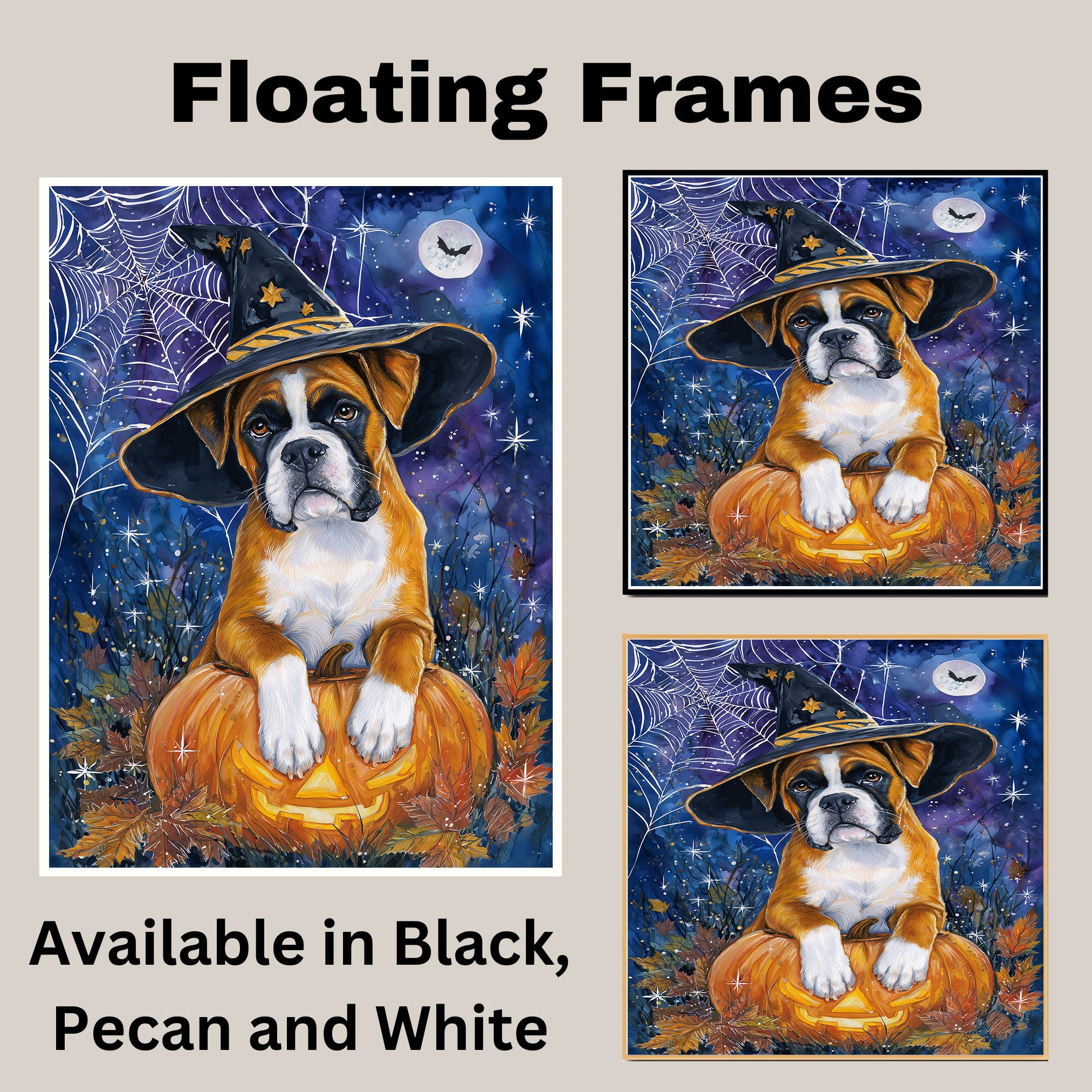 Fall Boxer Dog Canvas Art Wall Decor for Living Room Spider Web Maple Leaf Decorative Art for Bathroom on Ready to Hang 1.5" Thick Canvas Wrap, Floating Framed Canvas, Flat Rolled Canvas