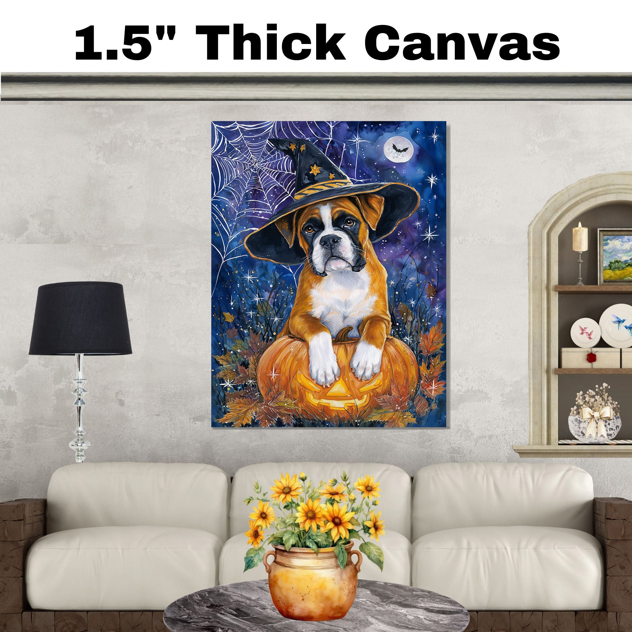 Fall Boxer Dog Canvas Art Wall Decor for Living Room Spider Web Maple Leaf Decorative Art for Bathroom on Ready to Hang 1.5" Thick Canvas Wrap, Floating Framed Canvas, Flat Rolled Canvas
