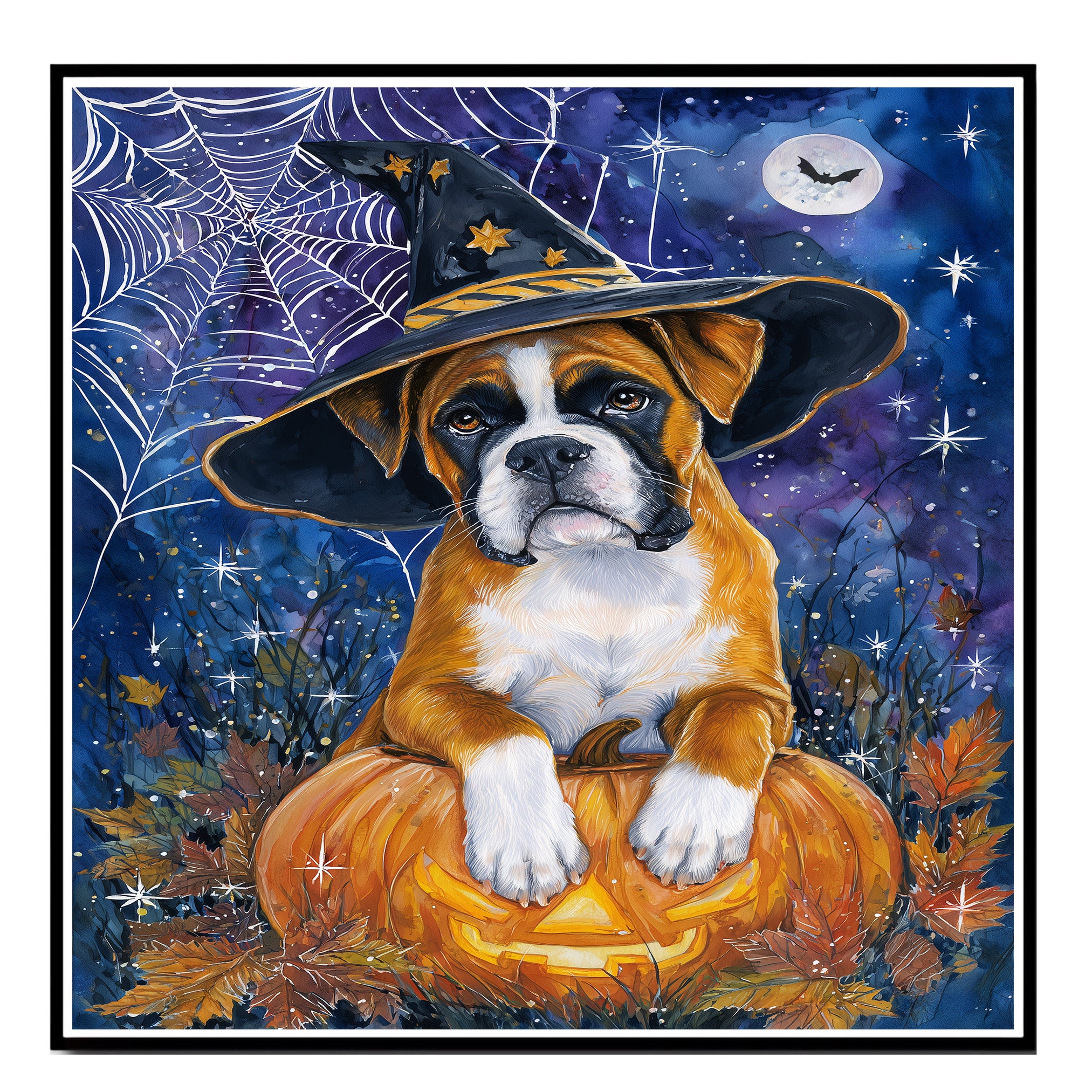 Fall Boxer Dog Canvas Art Wall Decor for Living Room Spider Web Maple Leaf Decorative Art for Bathroom on Ready to Hang 1.5" Thick Canvas Wrap, Floating Framed Canvas, Flat Rolled Canvas