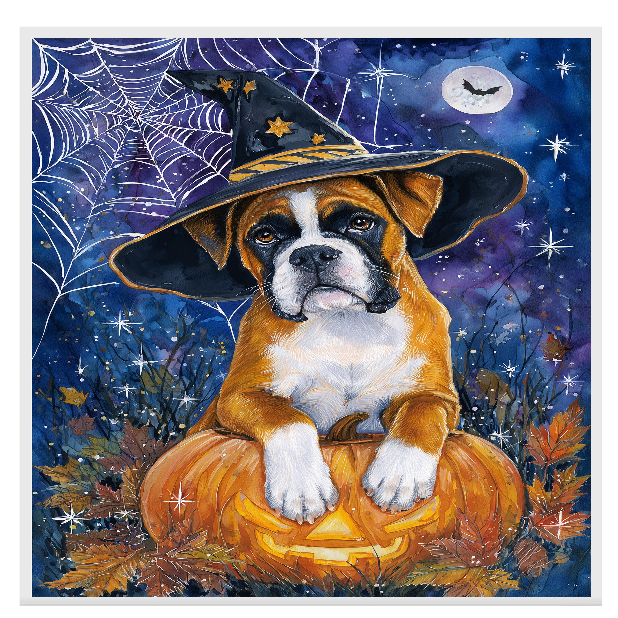 Fall Boxer Dog Canvas Art Wall Decor for Living Room Spider Web Maple Leaf Decorative Art for Bathroom on Ready to Hang 1.5" Thick Canvas Wrap, Floating Framed Canvas, Flat Rolled Canvas