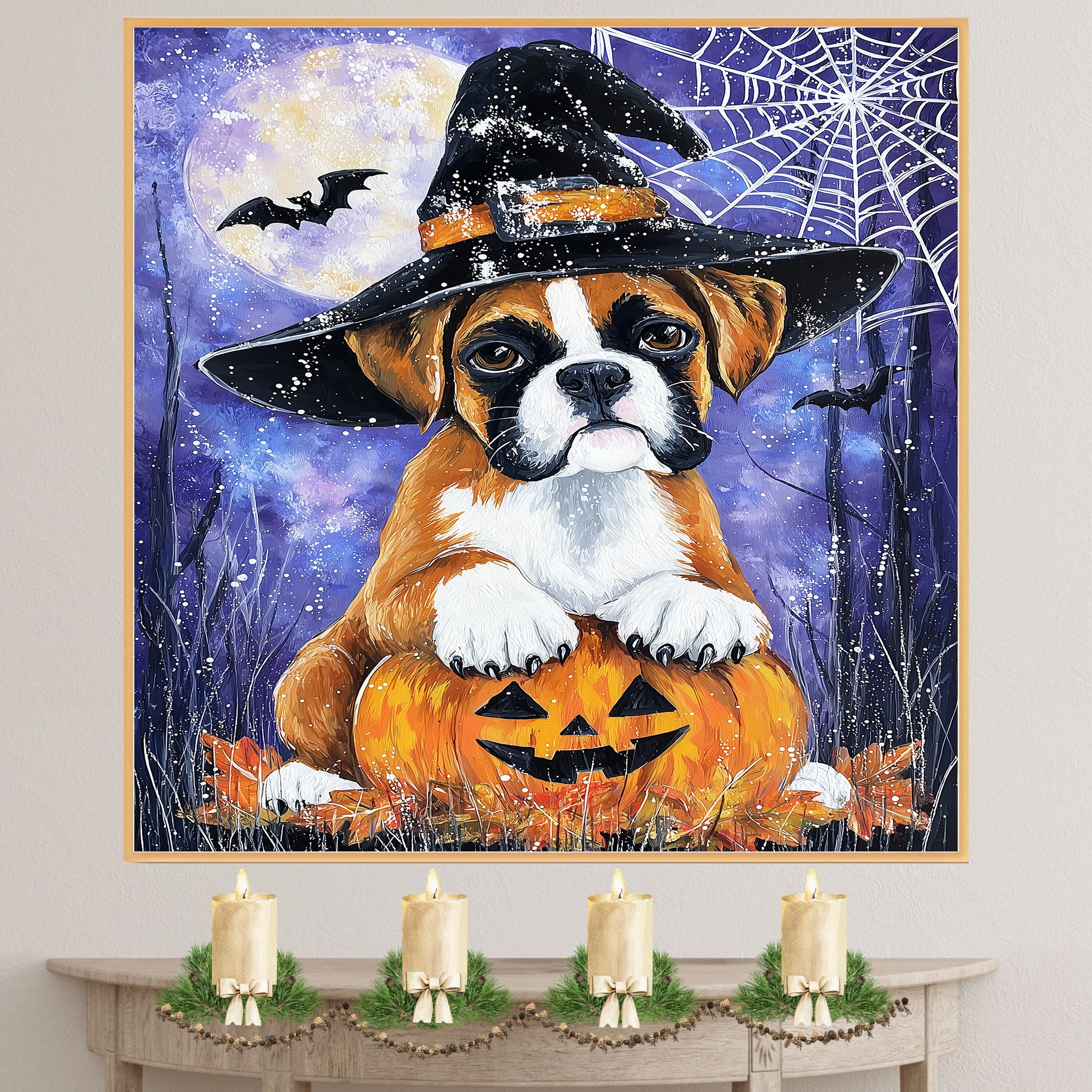 Boxer Autumn Puppy Flowers Wall Art for Dining Room Decorations for Fall Thanksgiving Party Décor for Dog Mom on Ready to Hang 1.5" Thick Canvas Wrap, Floating Framed Canvas, Flat Rolled Canvas