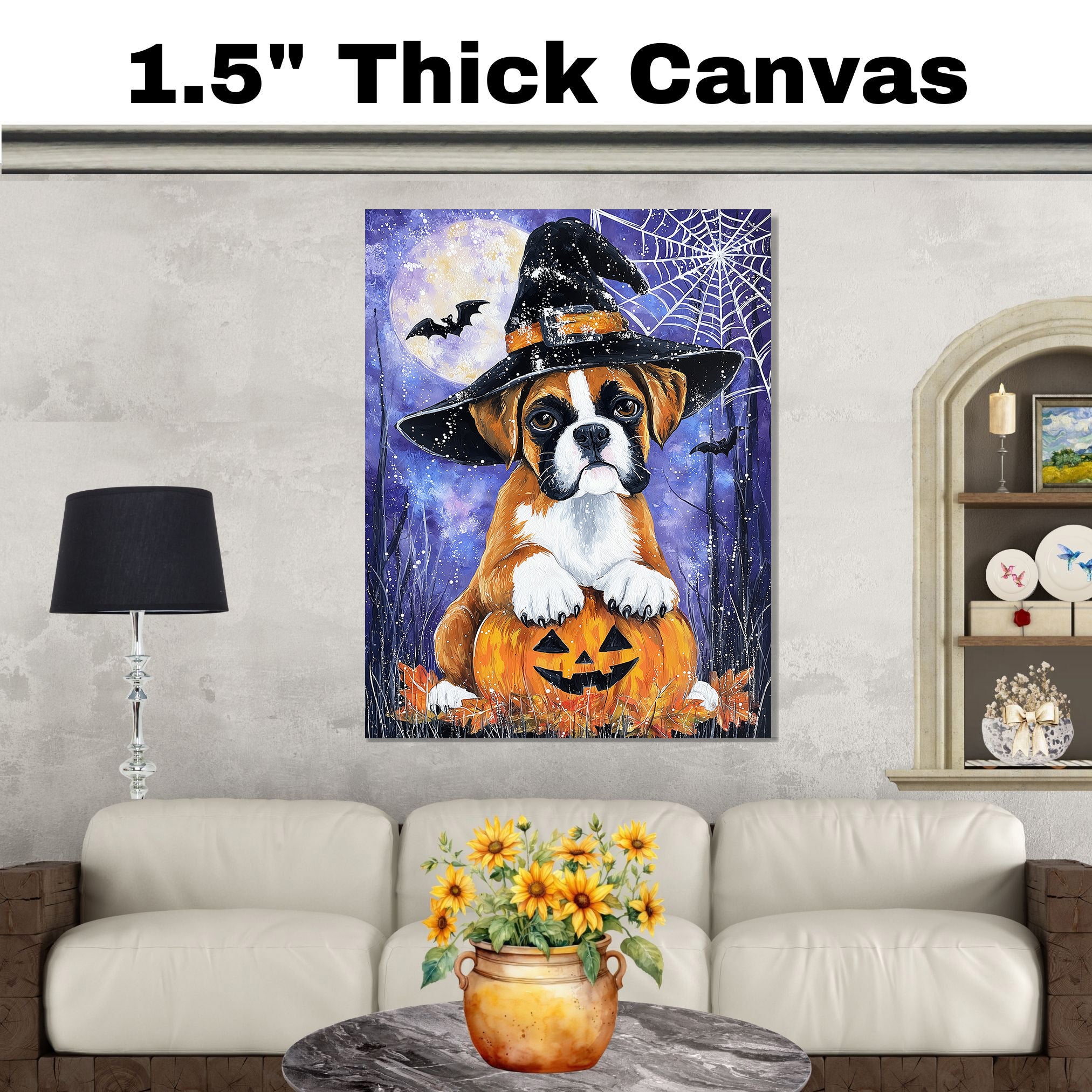 Boxer Autumn Puppy Flowers Wall Art for Dining Room Decorations for Fall Thanksgiving Party Décor for Dog Mom on Ready to Hang 1.5" Thick Canvas Wrap, Floating Framed Canvas, Flat Rolled Canvas