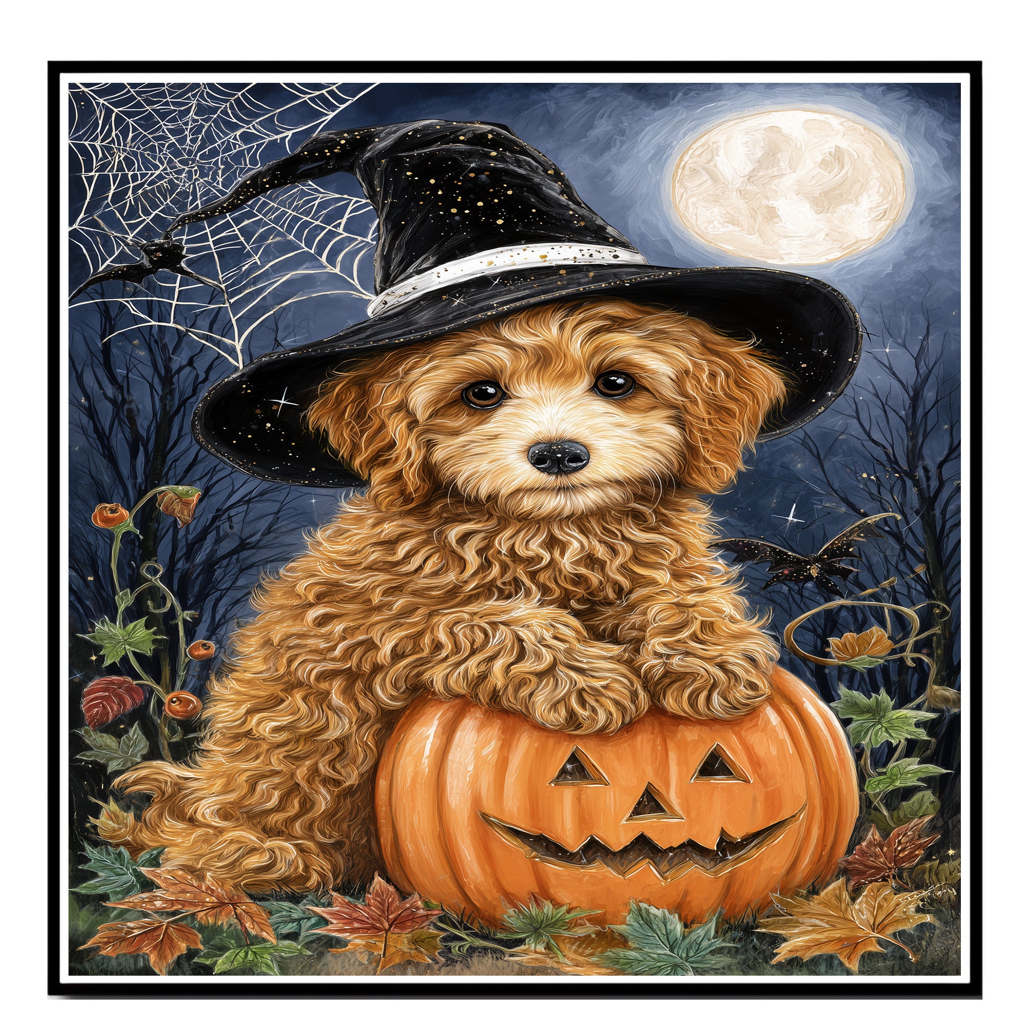 Poodle Dog Autumn Forest Wall Art for Dog Parents Home Decorations for Witch Halloween Pet Lover Décor on Ready to Hang 1.5" Thick Canvas Wrap, Floating Framed Canvas, Flat Rolled Canvas