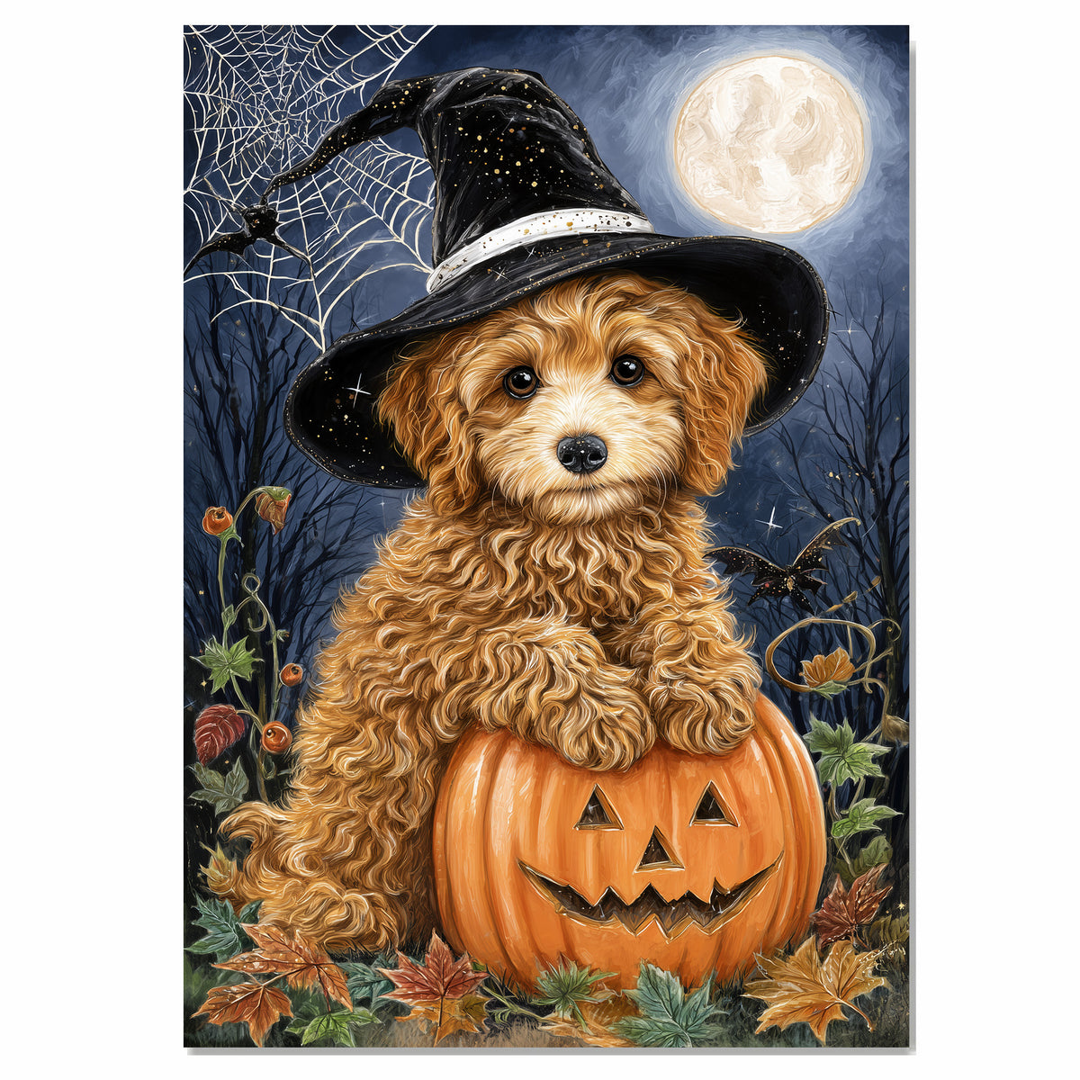 Poodle Dog Autumn Forest Wall Art for Dog Parents Home Decorations for Witch Halloween Pet Lover Décor on Ready to Hang 1.5" Thick Canvas Wrap, Floating Framed Canvas, Flat Rolled Canvas