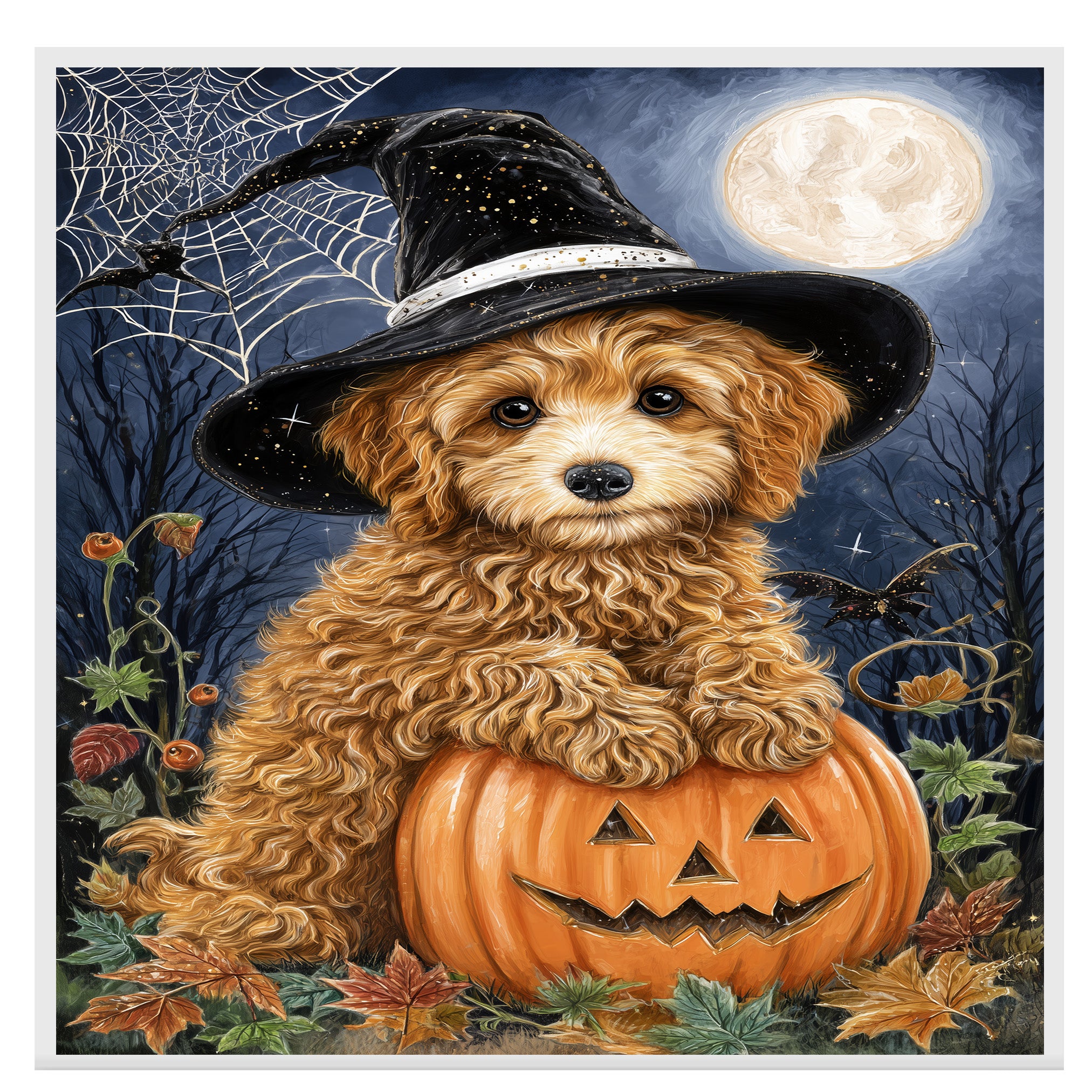 Poodle Dog Autumn Forest Wall Art for Dog Parents Home Decorations for Witch Halloween Pet Lover Décor on Ready to Hang 1.5" Thick Canvas Wrap, Floating Framed Canvas, Flat Rolled Canvas
